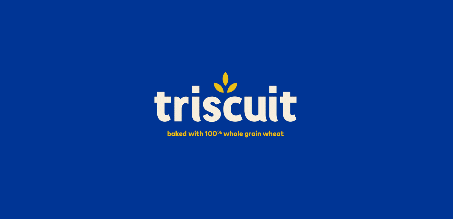 Blue package of Triscuit crackers with white and yellow text, stating 'baked with 100% whole grain wheat'.