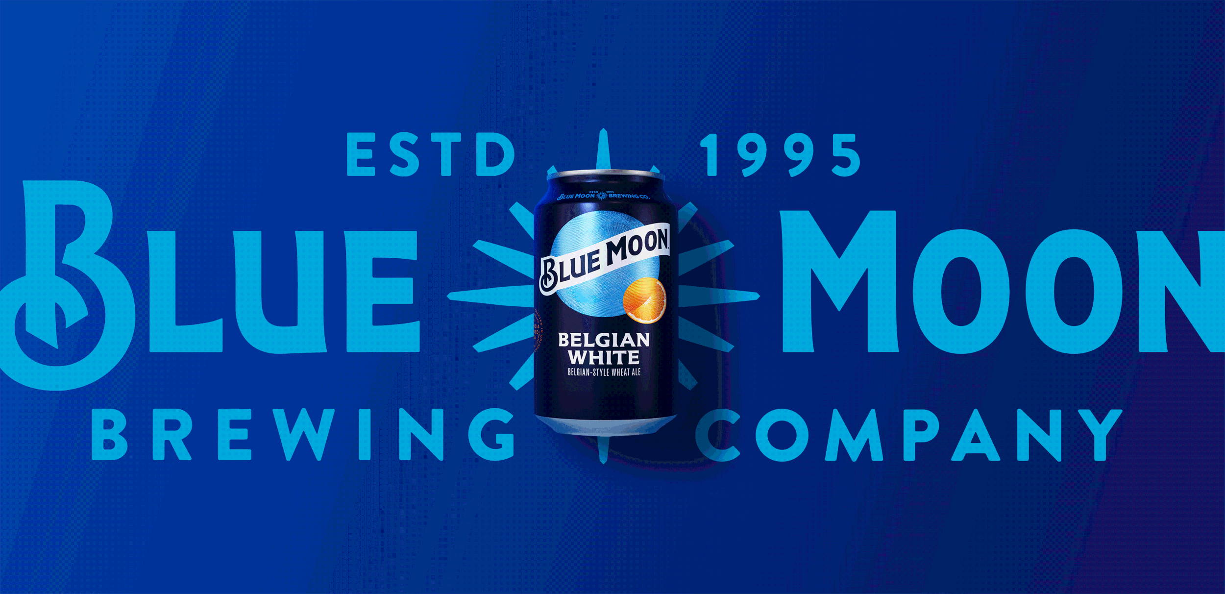 Blue Moon Belgian White beer can centered in front of blue background with Blue Moon Brewing Company logo and established year 1995.