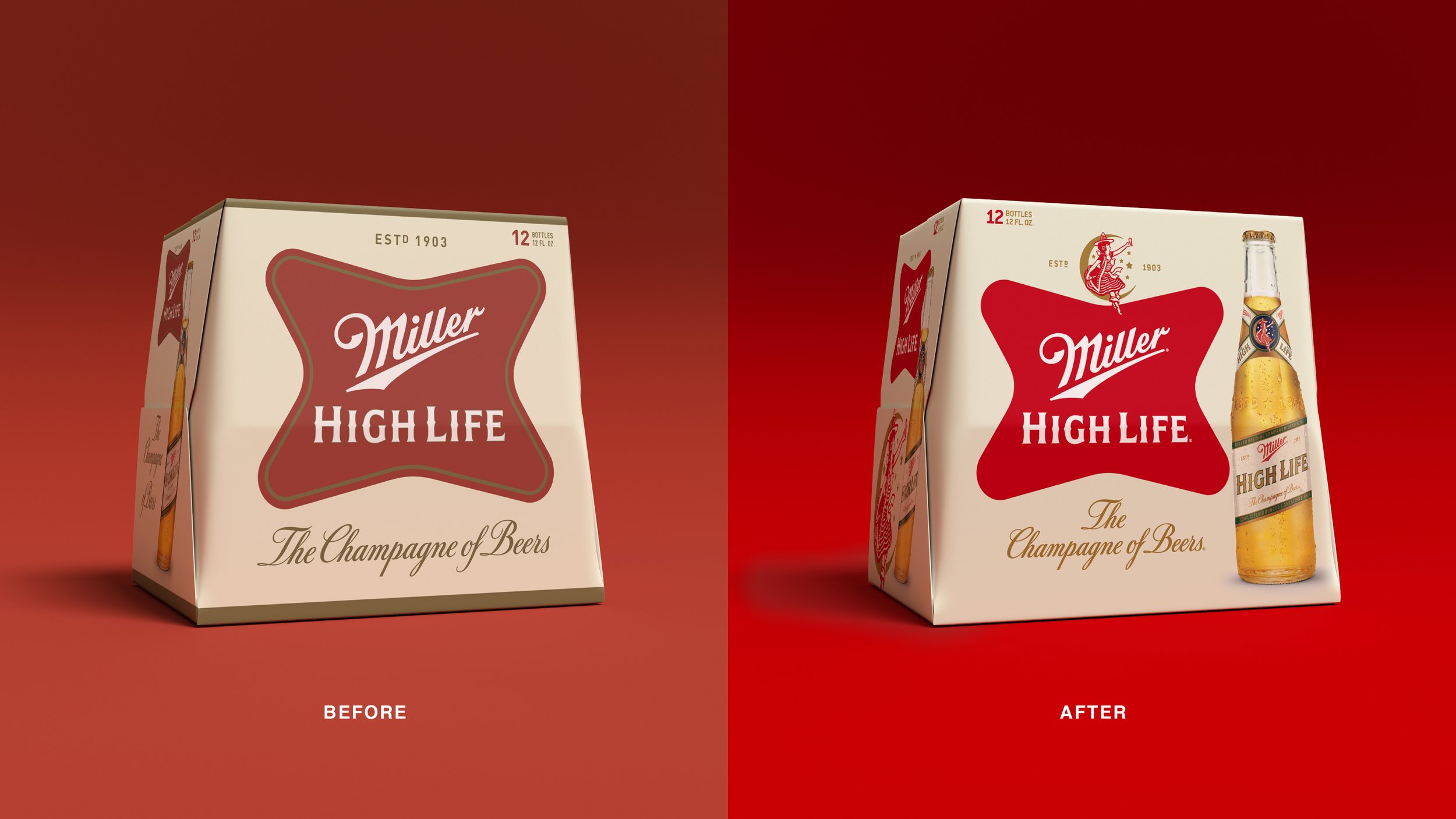 Comparison of two boxes of Miller High Life beer, showing changes in packaging design, with a plain red background.