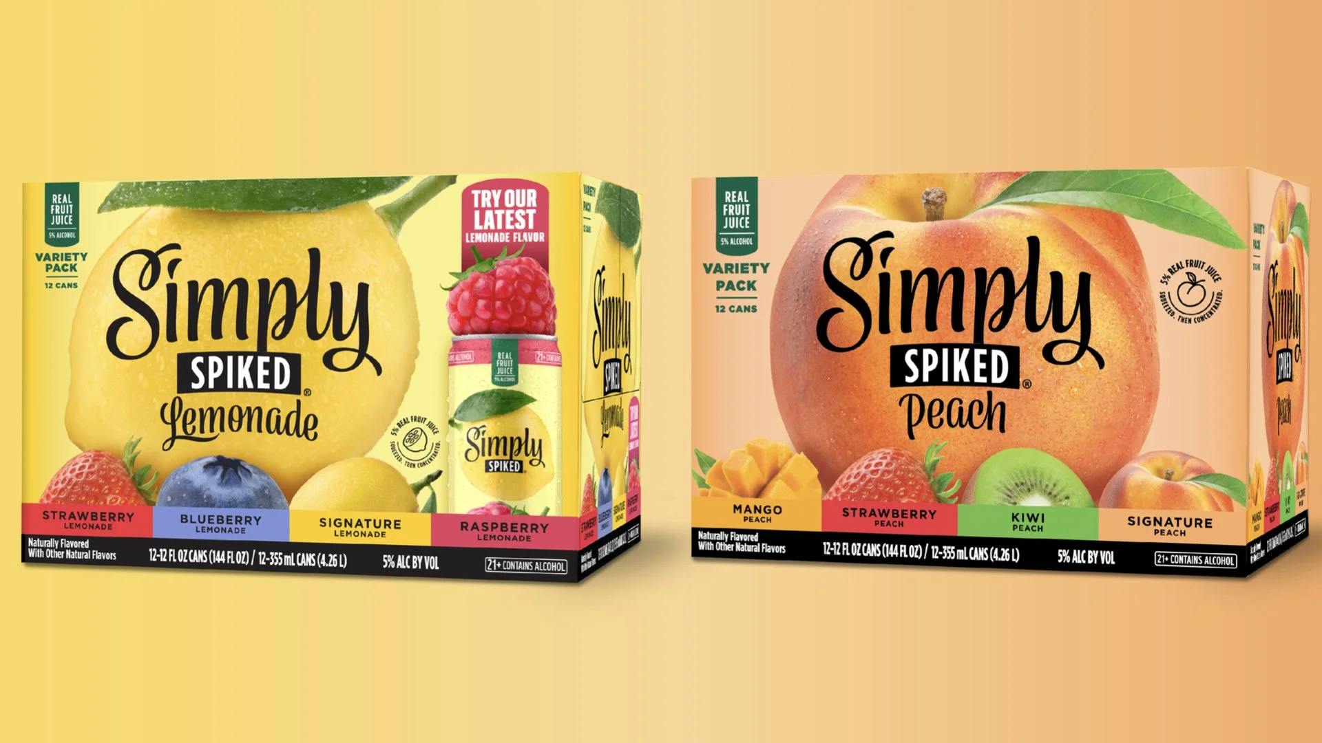 Boxes of Simply Spiked fruit-flavored beverages featuring lemon, raspberry, peach, mango, kiwi, and blueberry flavors on a yellow background.