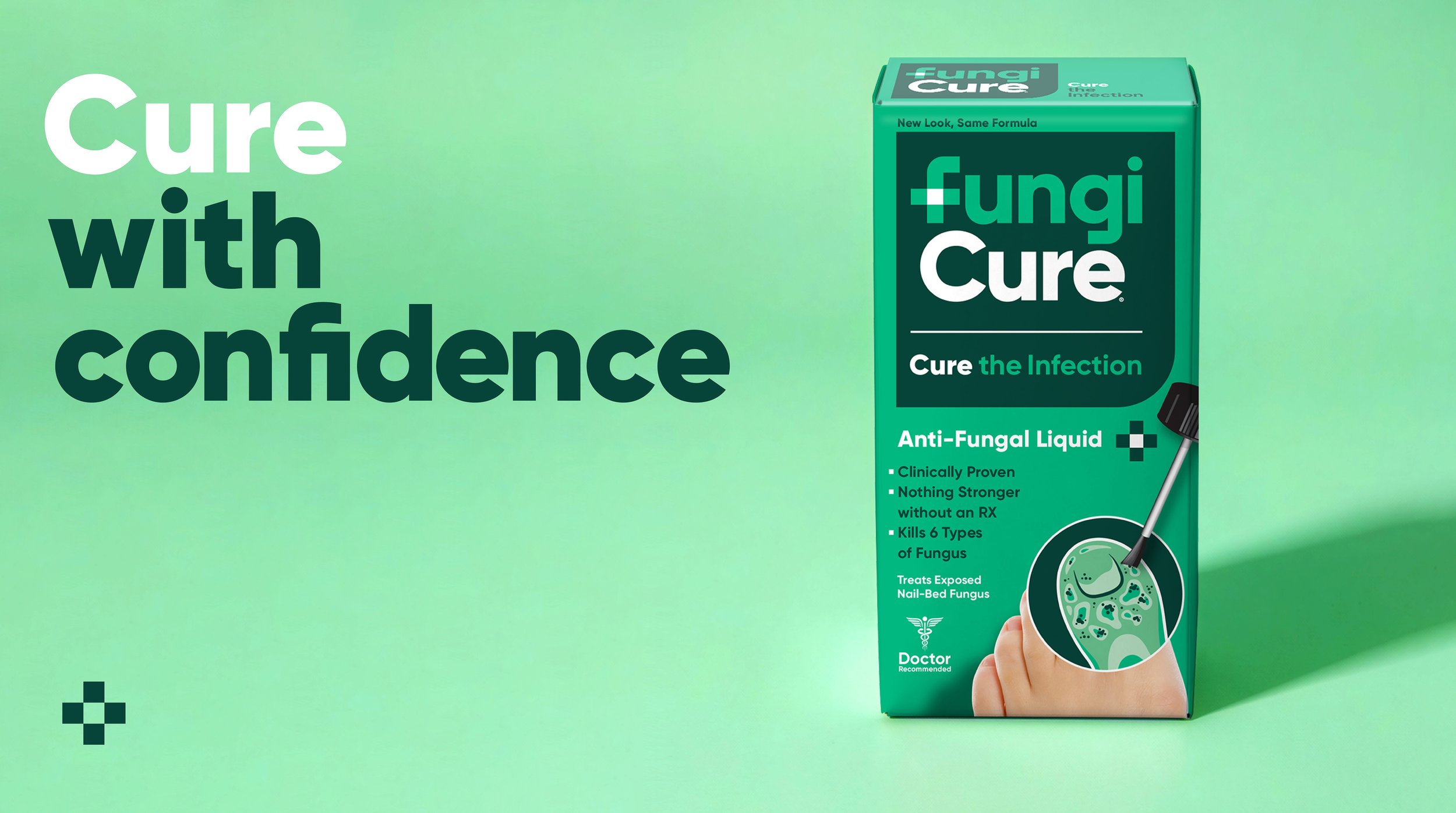 A green box of Fungi Cure anti-fungal liquid with text recommending it to cure infections, featuring a list of benefits and a depiction of the liquid treatment in a black applicator.