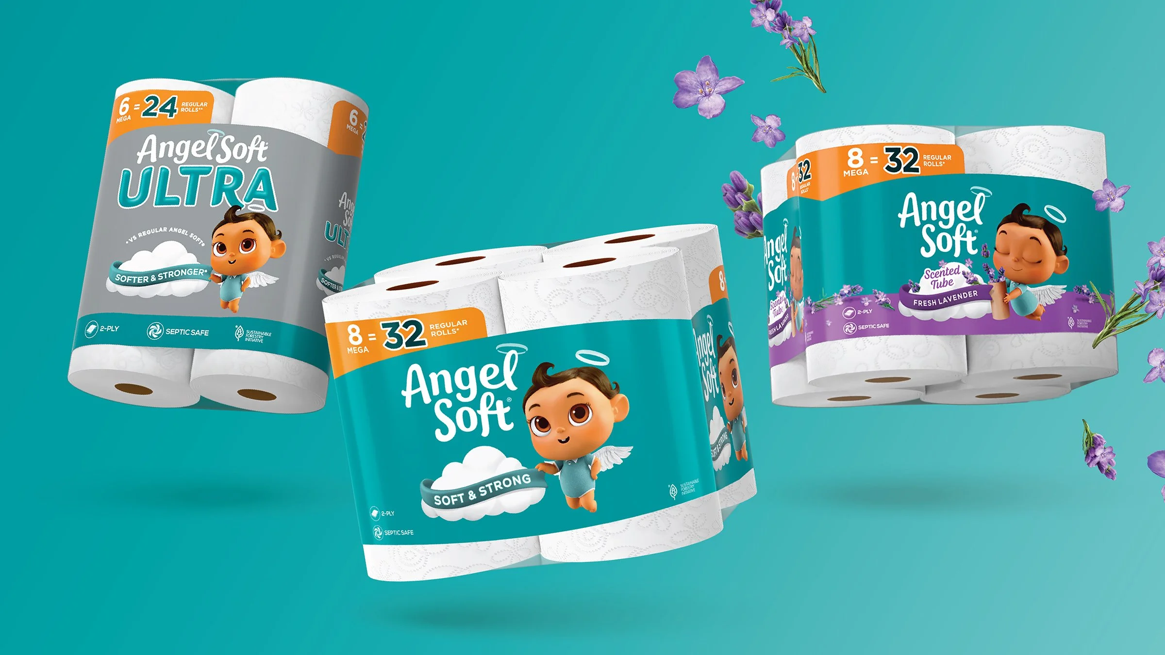 Multiple rolls of Angel Soft toilet paper packaging and brand redesign by Soulsight