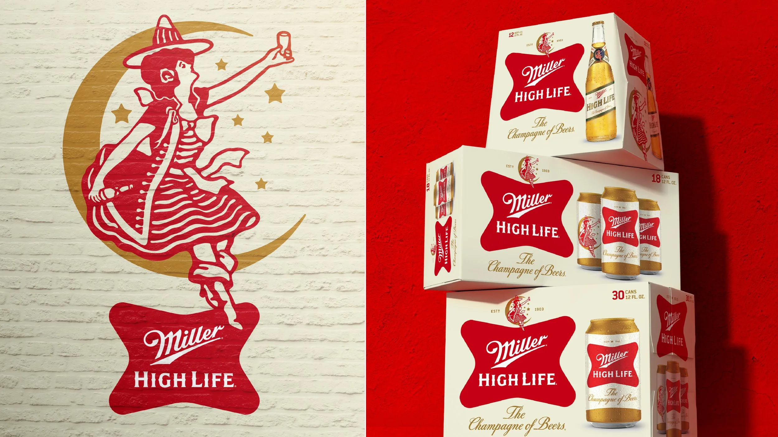A red vintage-style illustration of a woman in a dress and wide-brimmed hat, holding a bottle, against a white brick wall. Next to it, there are boxes of Miller High Life beer, featuring the brand logo, bottles, and cans in gold and white packaging, set against a red background.