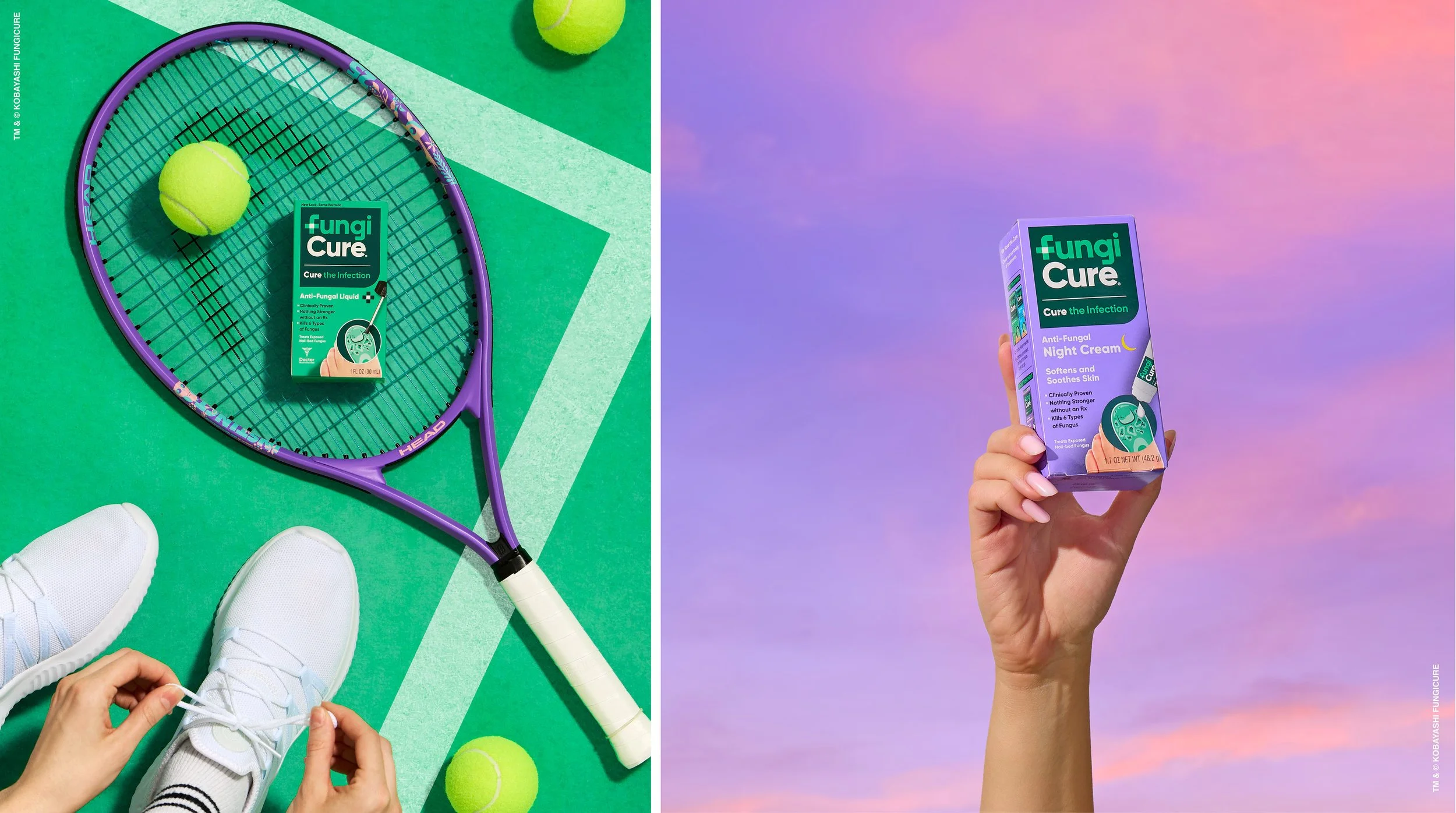 A split image showing tennis equipment and footwear on the left, including a purple tennis racket with two tennis balls, and a person's white tennis shoes with striped socks. On the right, a person's hand holds a box of Fungi Cure anti-fungal night cream against a pastel purple and pink sky background.
