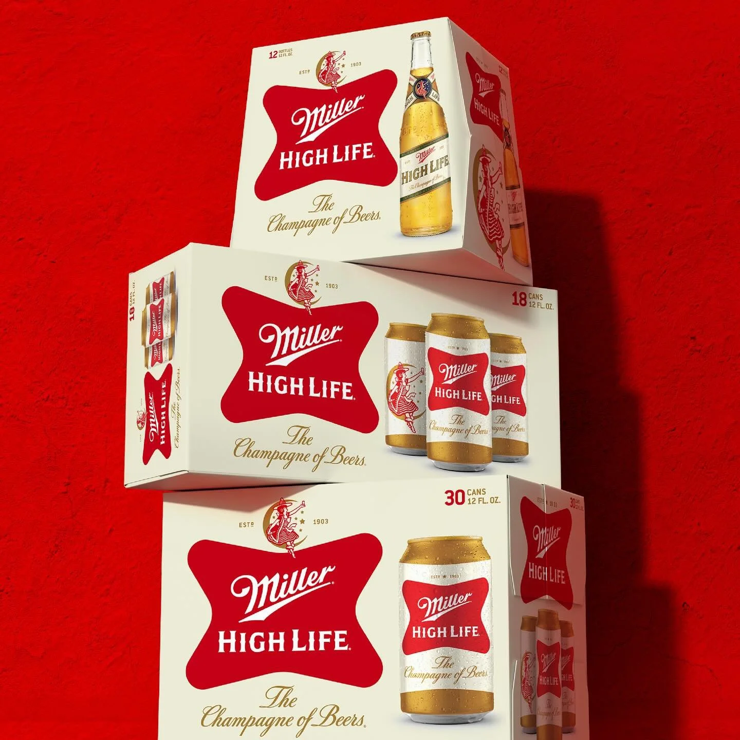 Boxes of Miller High Life beer with images of beer bottles and cans, set against a red background.