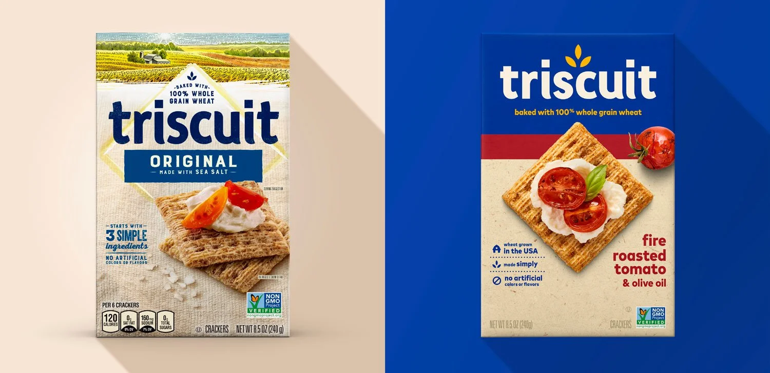 Side-by-side images of Triscuit cracker boxes. The left box is Triscuit Original with a picture of two crackers topped with cream cheese, cherry tomatoes, and basil. The right box is Triscuit Fire Roasted Tomato & Olive Oil with a picture of a cracker topped with cream cheese, cherry tomatoes, and basil.