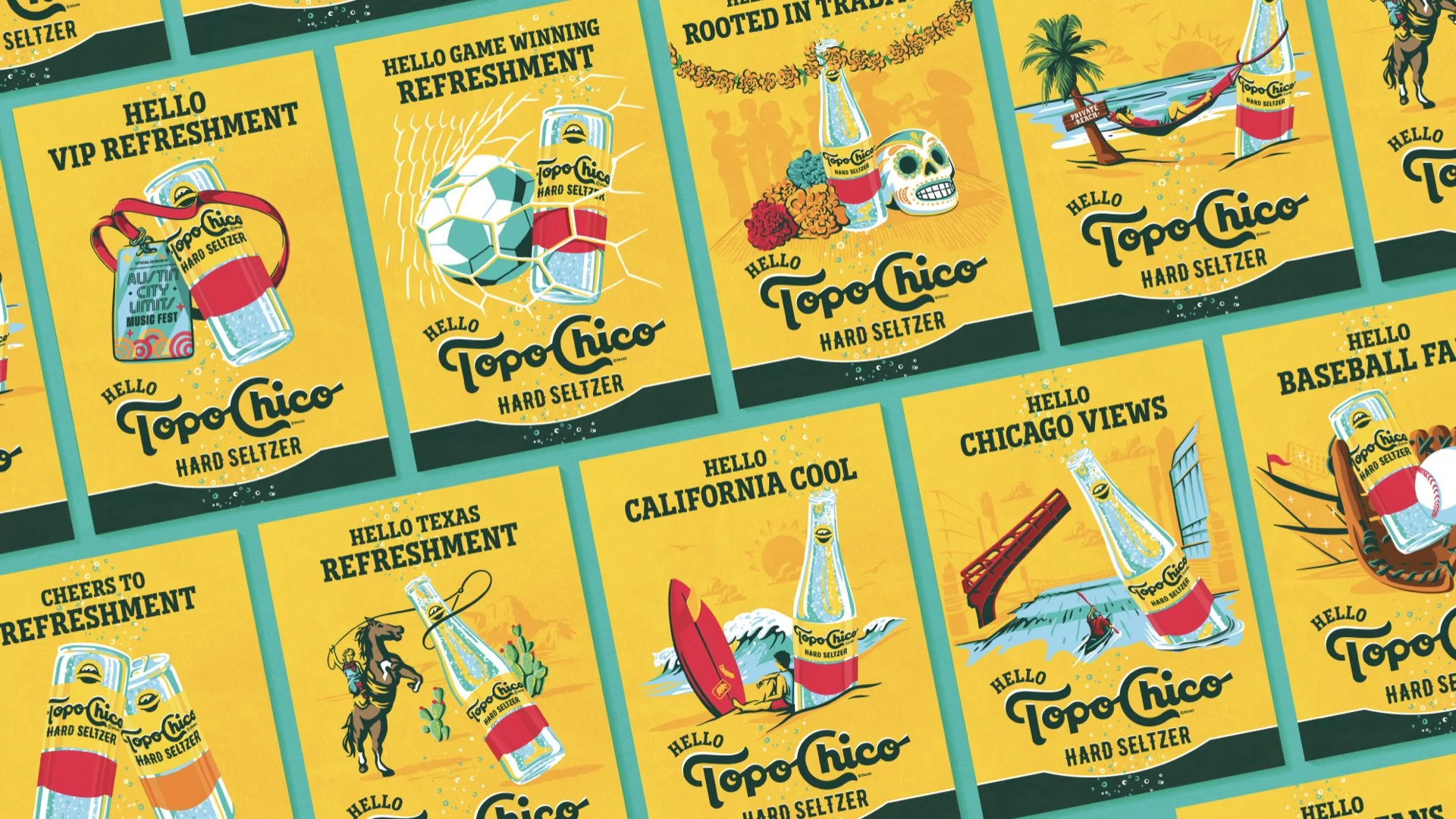 A colorful collage of Topo Chico hard seltzer advertisements featuring various summer and beach-themed illustrations like a soccer ball, a skull with flowers, a hammock, a baseball glove, and a bridge with a baseball field in the background, all on bright yellow backgrounds.