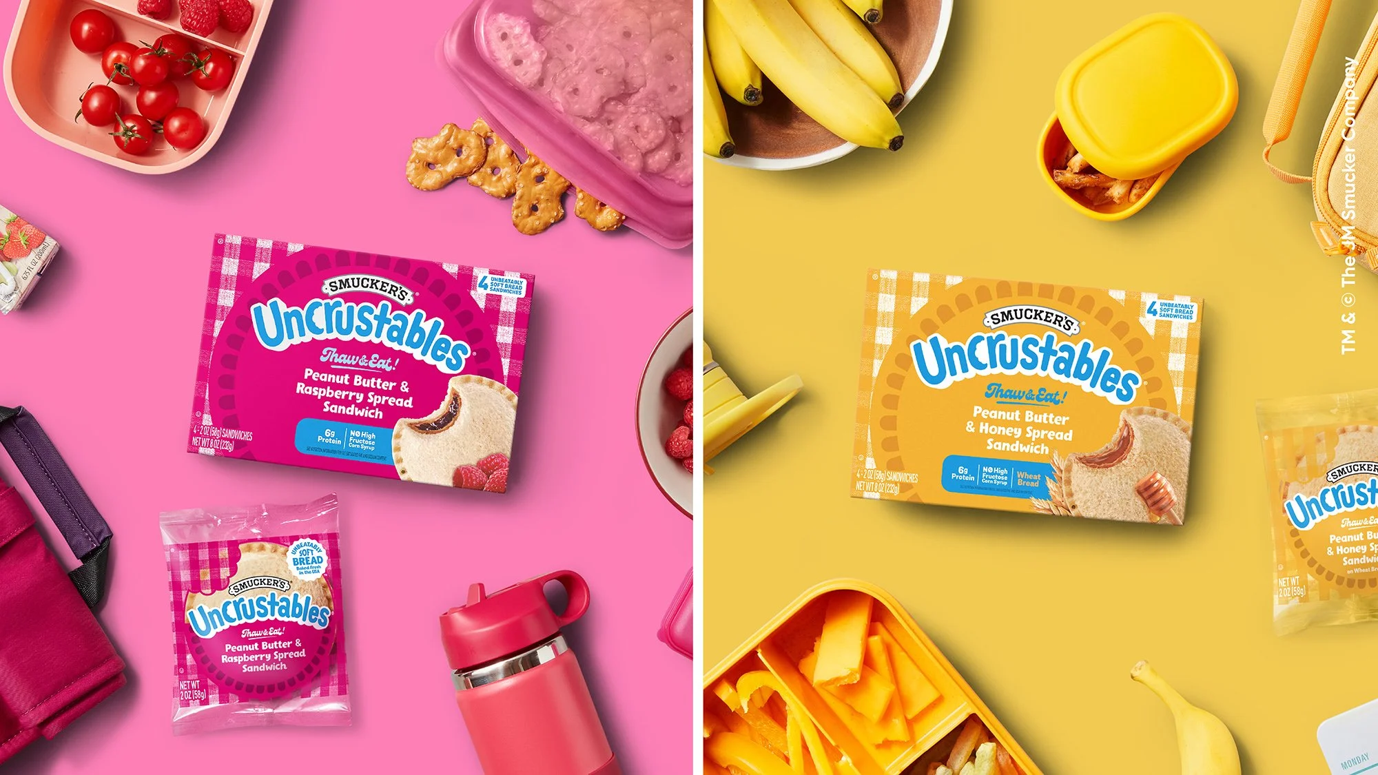 Split image showing pink background on the left with snack foods including a pink package of Smucker's Uncrustables peanut butter and raspberry spread sandwiches, cherry tomatoes, raspberries, crackers, and a pink water bottle. On the right, yellow background with similar snack food items including a yellow package of Smucker's Uncrustables peanut butter and honey spread sandwiches, bananas, shredded cheese, and yellow containers.