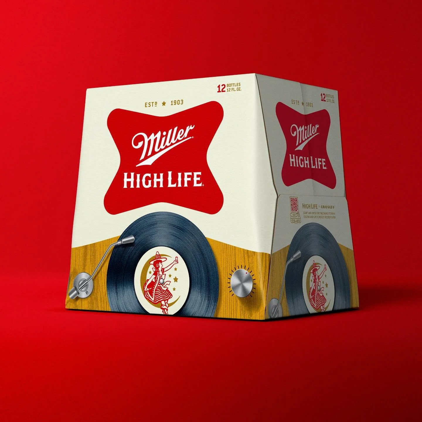 A Miller High Life beer pack featuring a vintage turntable with a vinyl record and a cartoon woman in a dress on the label, set against a red background.