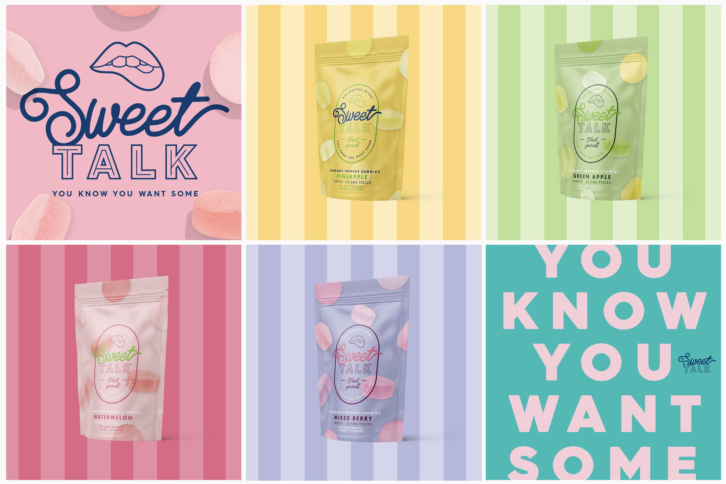 Colorful collage featuring cannabis-infused gummies from Sweet Talk in flavors watermelon, mixed berry, pineapple, and green apple, with vibrant backgrounds and bold text emphasizing flavor options.