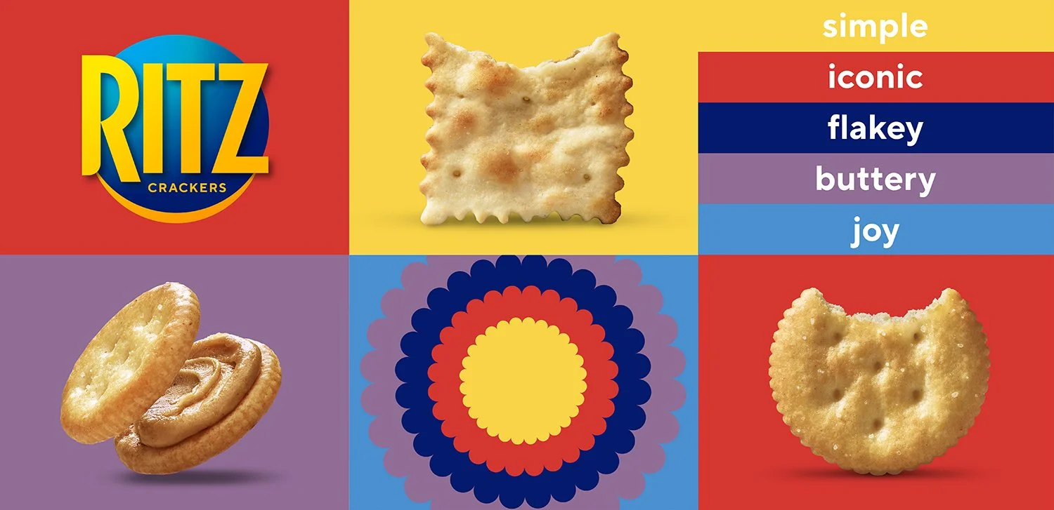 Colorful graphic with Ritz cracker logo, two crackers with toppings, a Betty Crocker snack, and a list of words: simple, iconic, flaky, buttery, joy.