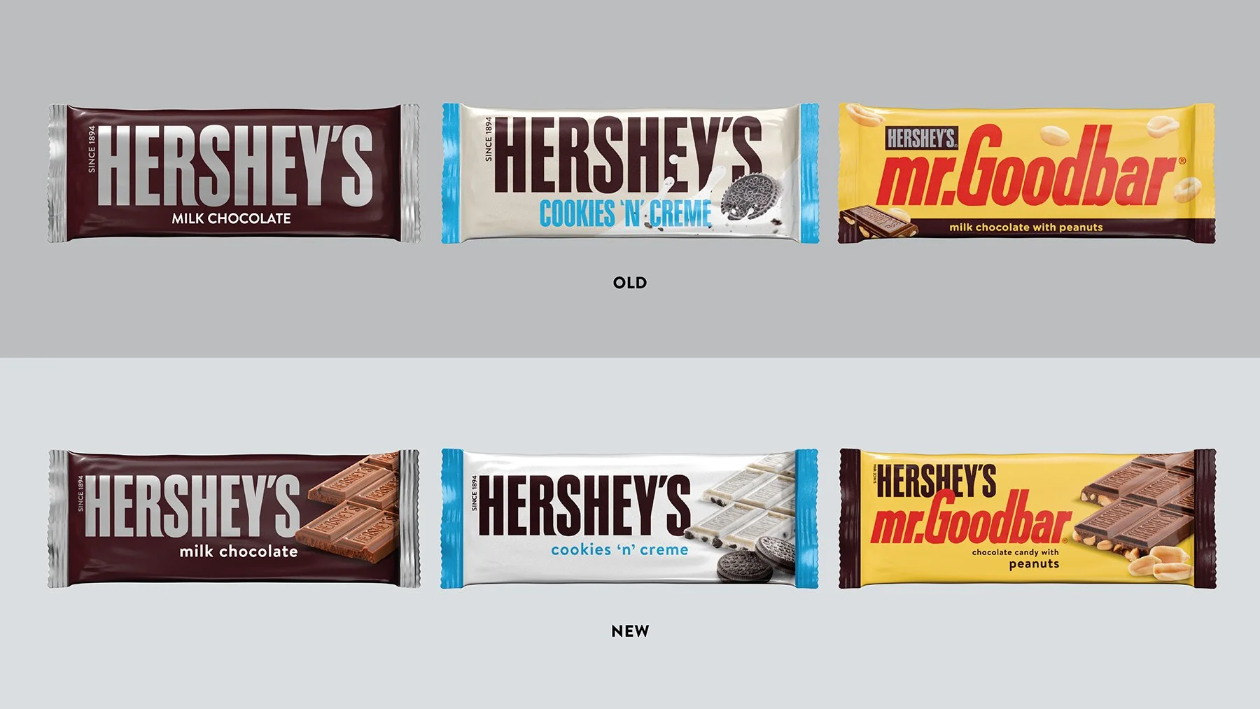 Comparison of old and new Hershey's chocolate bar packaging, including milk chocolate, cookies 'n' creme, and Mr. Goodbar varieties.