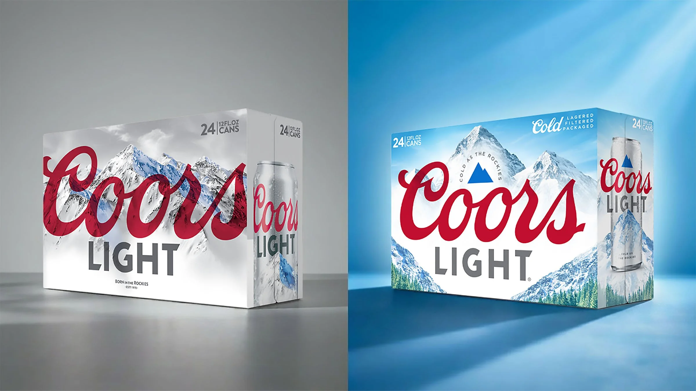 Two boxes of Coors Light beer, one with a white background and the other with a blue background, both featuring mountain imagery and the Coors logo.