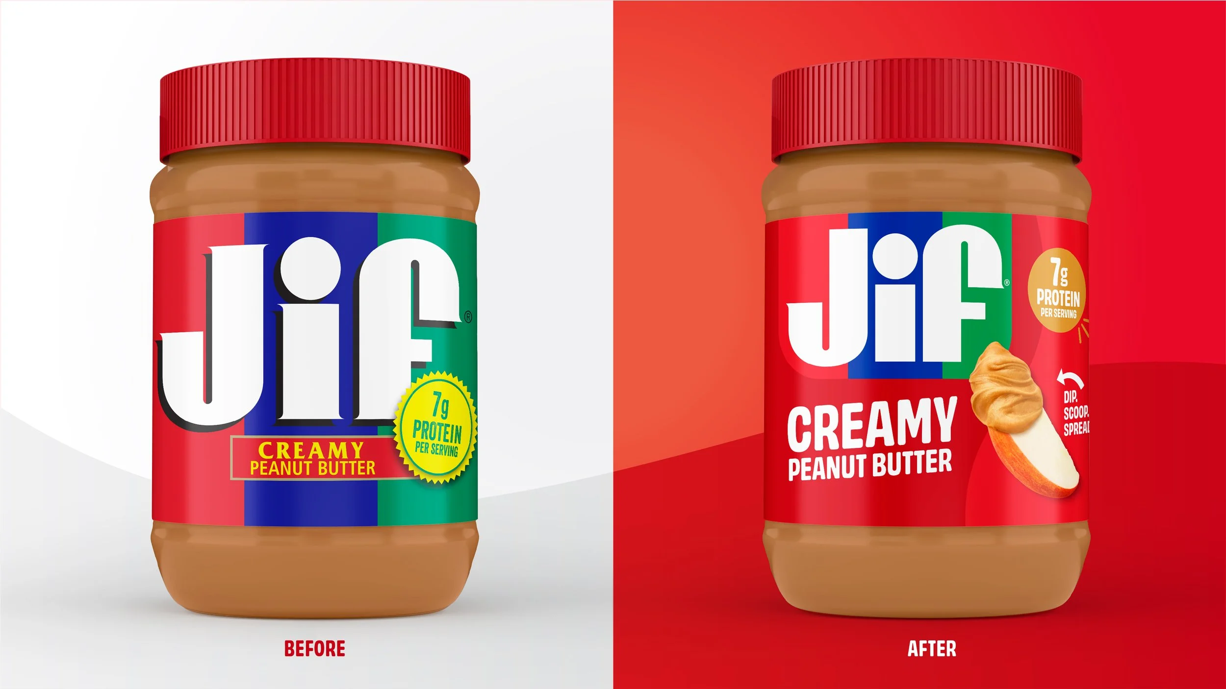 Comparison of two jars of Jif creamy peanut butter, showing a transformation with the jar on the left labeled 'Before' and the jar on the right labeled 'After'. The 'Before' jar has a blue, green, and red label, while the 'After' jar has a predominantly red label with an image of peanut butter and a sweet potato.