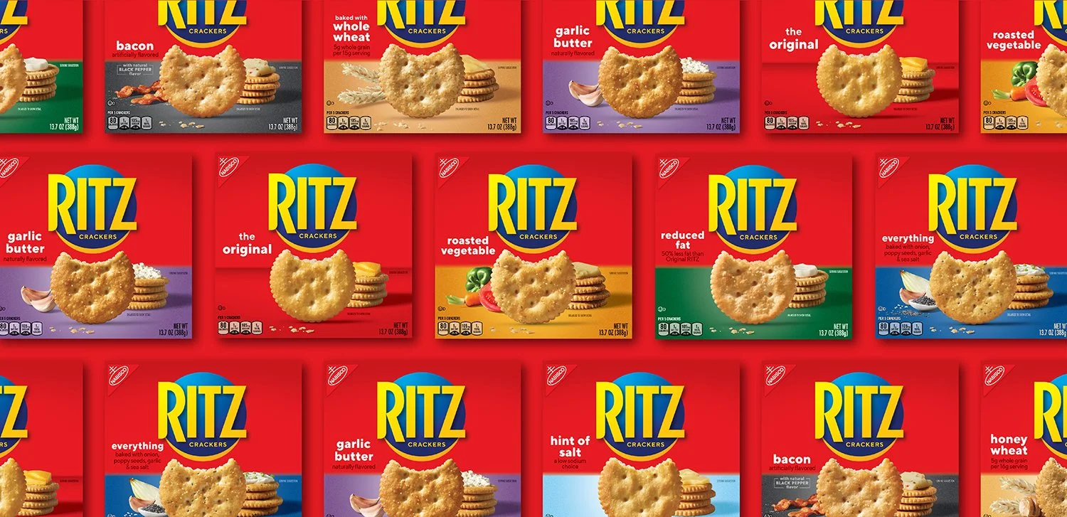 Collage of Ritz Crackers snack boxes in various flavors, featuring front view of cracker cookies with some packaging showing ingredients like garlic, bacon, roasted vegetable, honey wheat, and hint of salt.