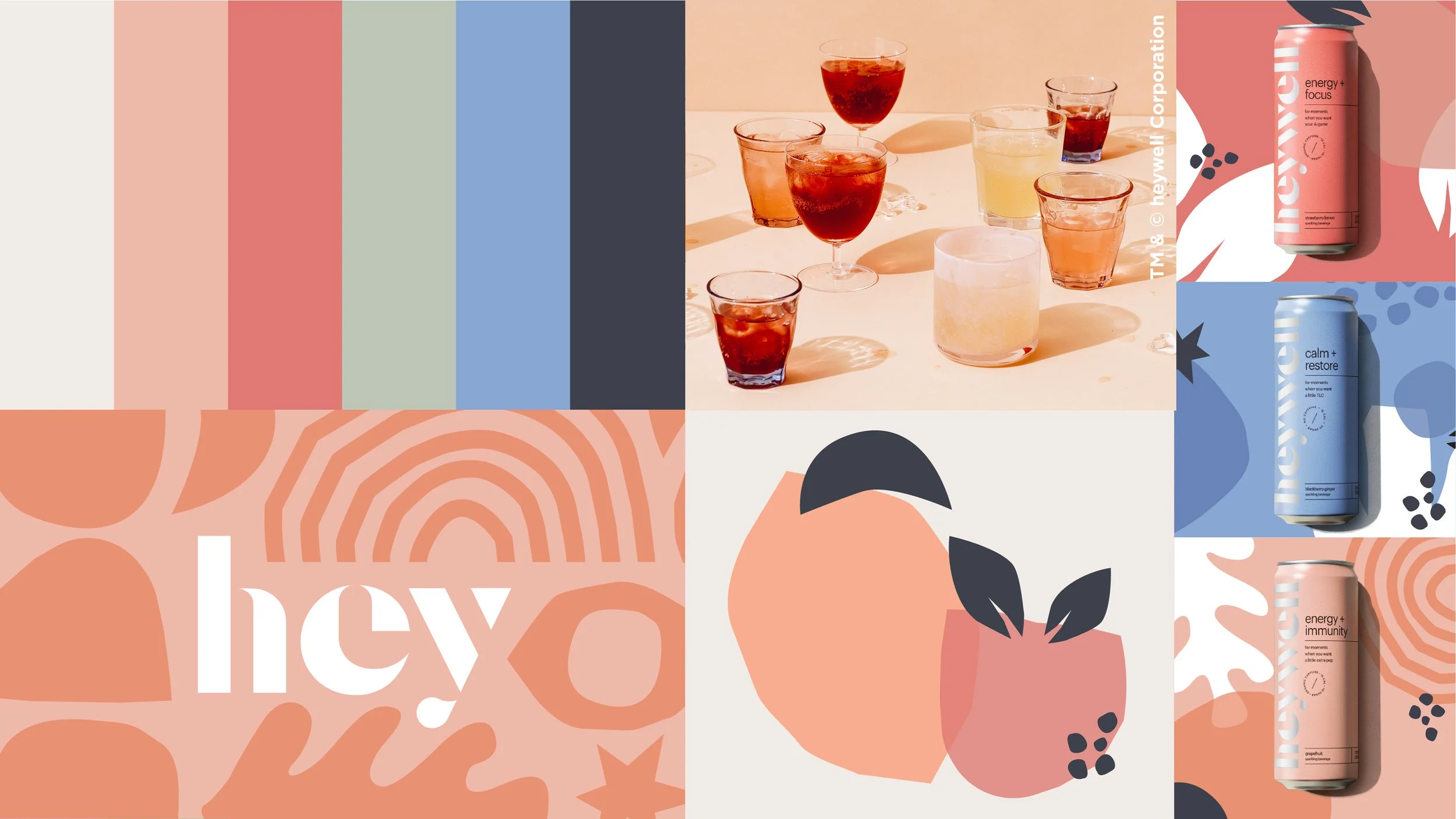 A collage featuring a row of colorful cans of drink with flavors like strawberry lemon, blackberry ginger, and grapefruit, along with a collection of glasses filled with various beverages, and abstract, colorful backgrounds with patterns and the word 'hey'.