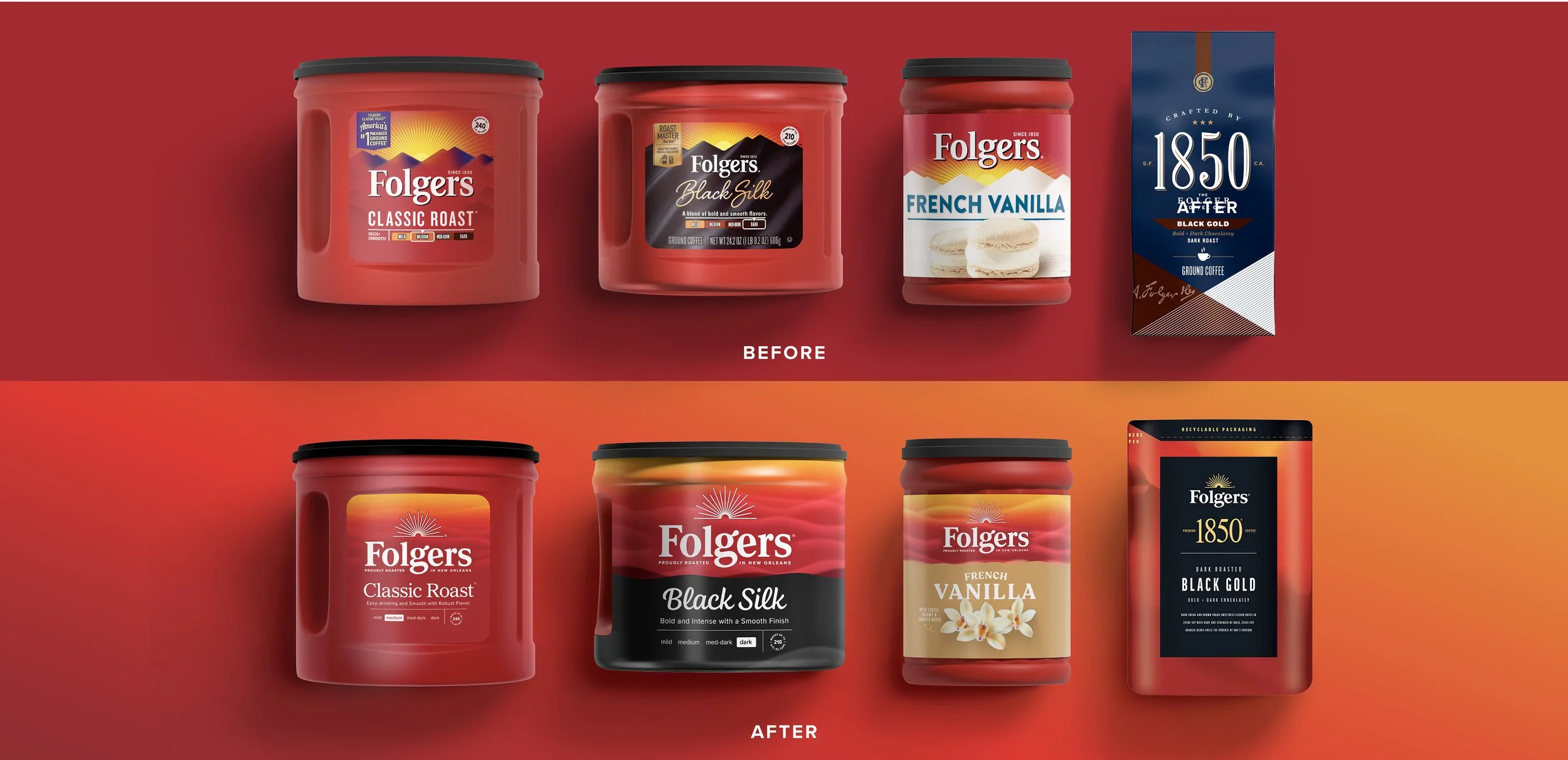 Comparison of various Folgers coffee product packaging labeled 'Before' and 'After'. The top row shows 'Before' packaging including Classic Roast, Black Silk, French Vanilla, and 1850 Dark Chocolate. The bottom row shows 'After' packaging with updated designs for the same coffee types.