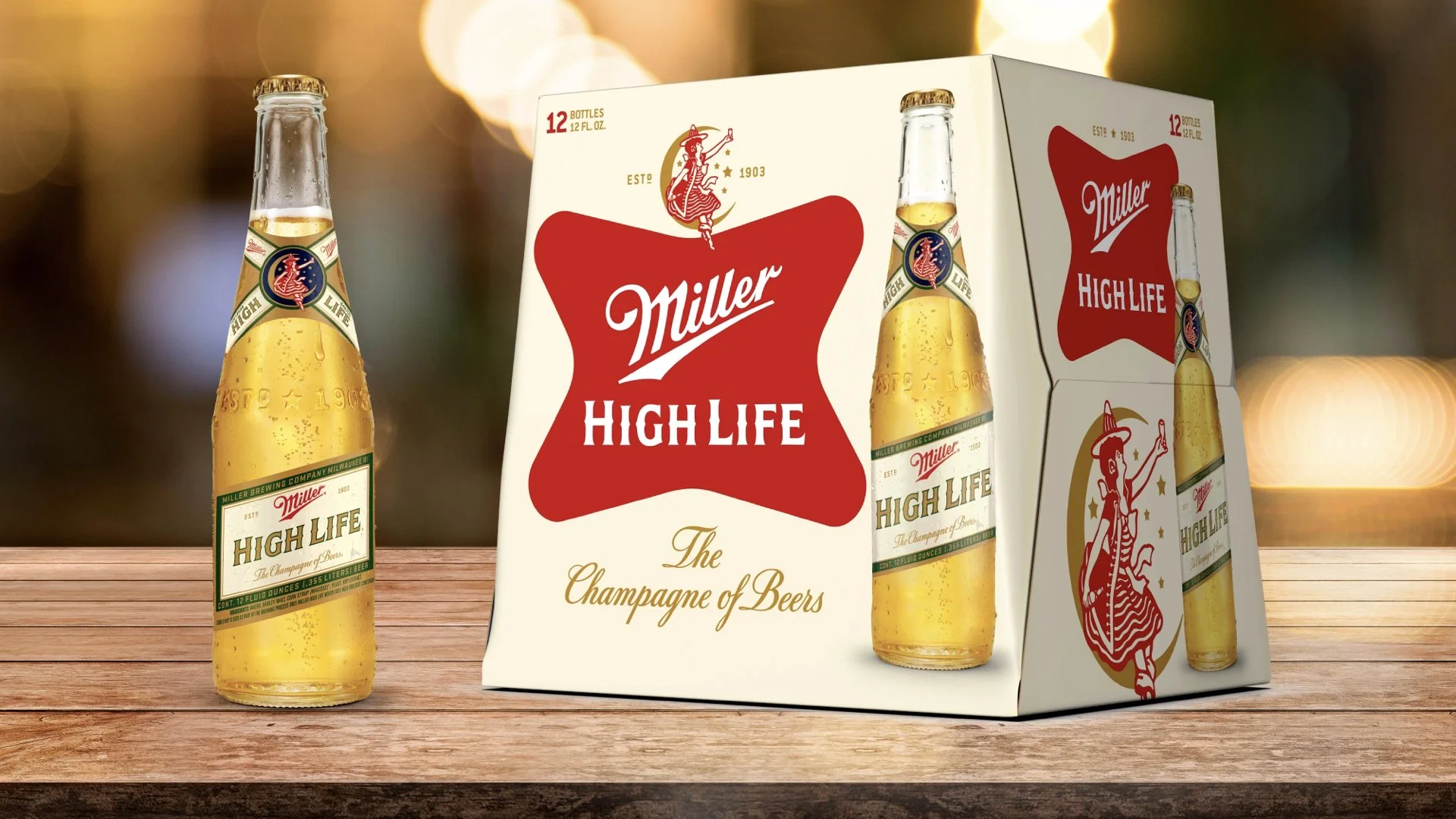 A pack of Miller High Life beer bottles on a wooden surface, with two individual bottles and a branded box featuring the Miller High Life logo and a woman on the label in the background.