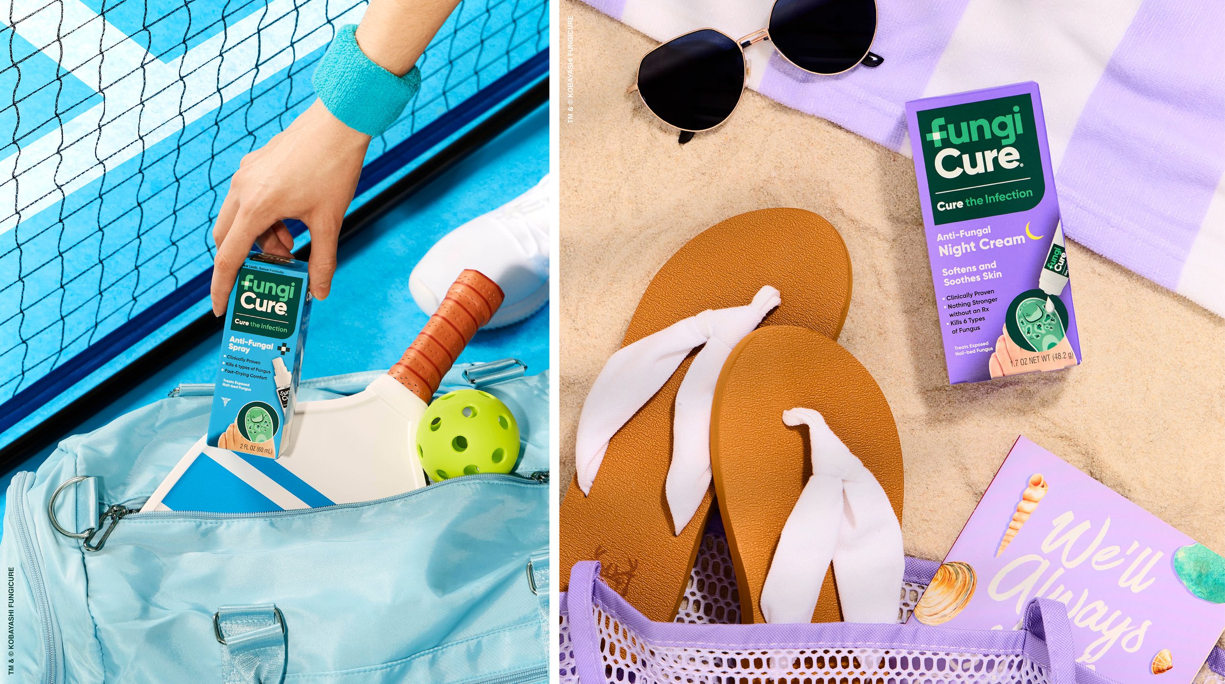 Side-by-side photos of antifungal products labeled Fungi Cure. The left photo shows a hand reaching for the spray bottle. The background includes tennis equipment and a blue bag. The right photo shows the box of night cream near sunglasses, flip-flops, and a purple towel on sand.