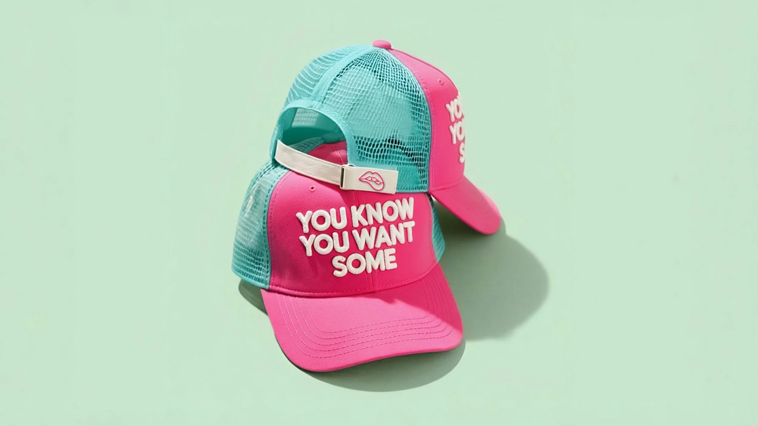 Pink and turquoise trucker hat with mesh back, white adjustable strap with lips logo, and bold white text on front saying, "You know you want some."