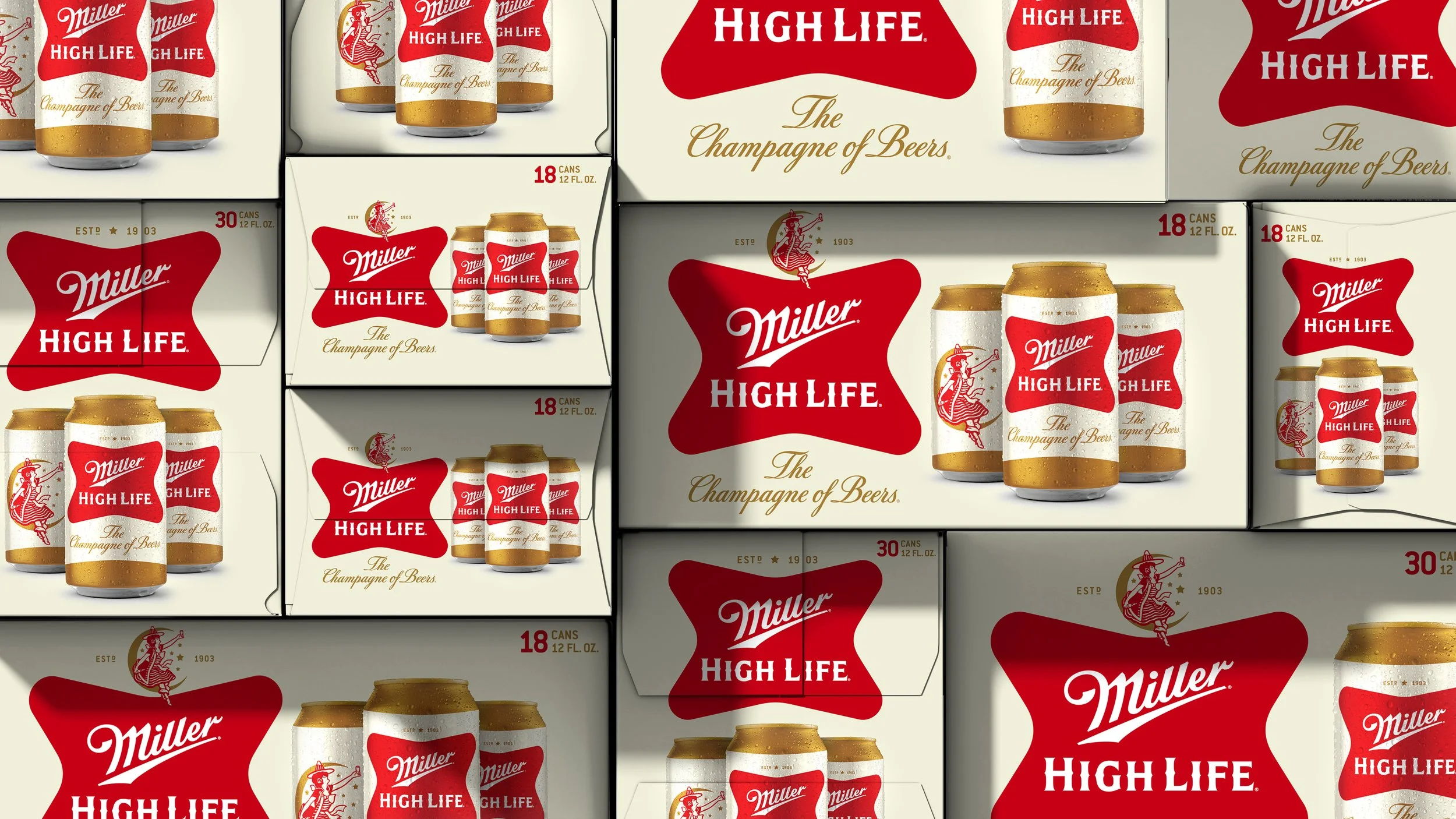 Collage of Miller High Life beer cans and packaging, featuring red and white branding, the Miller High Life logo, and an illustration of a woman in a red dress holding a bottle.