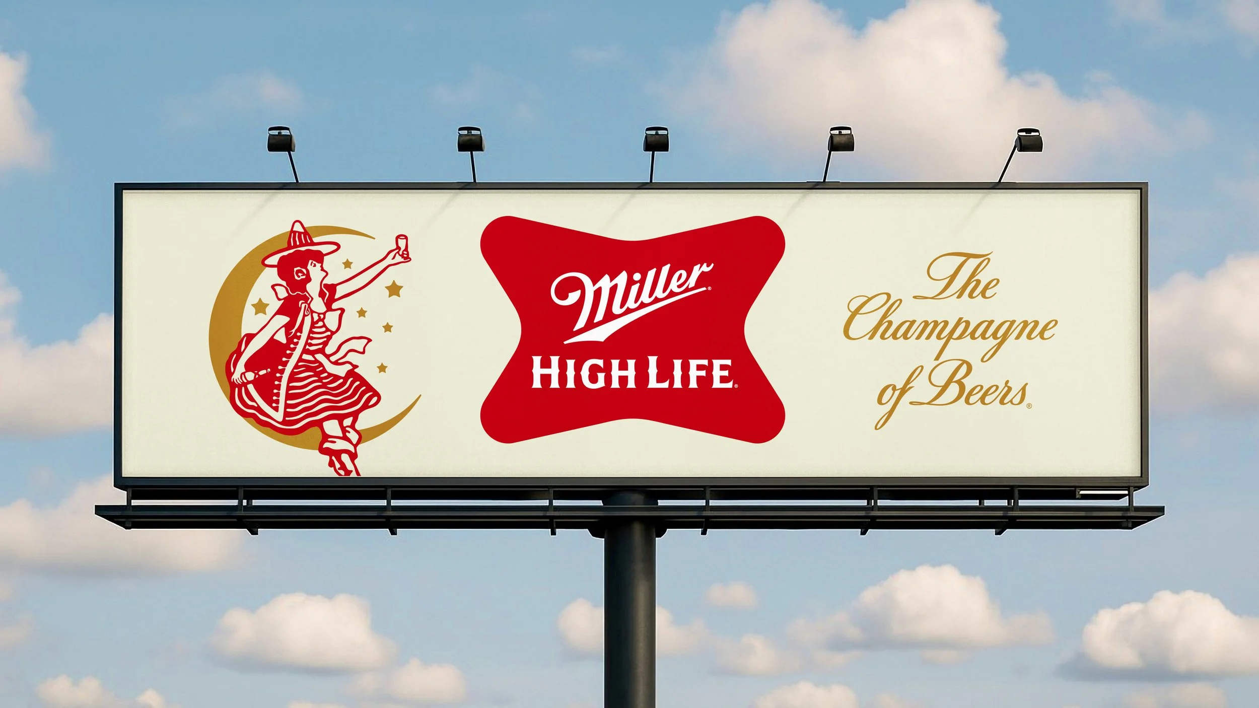 Billboard advertisement featuring a woman dressed as a witch holding a glass, with the text "Miller High Life" and "The Champagne of Beers."