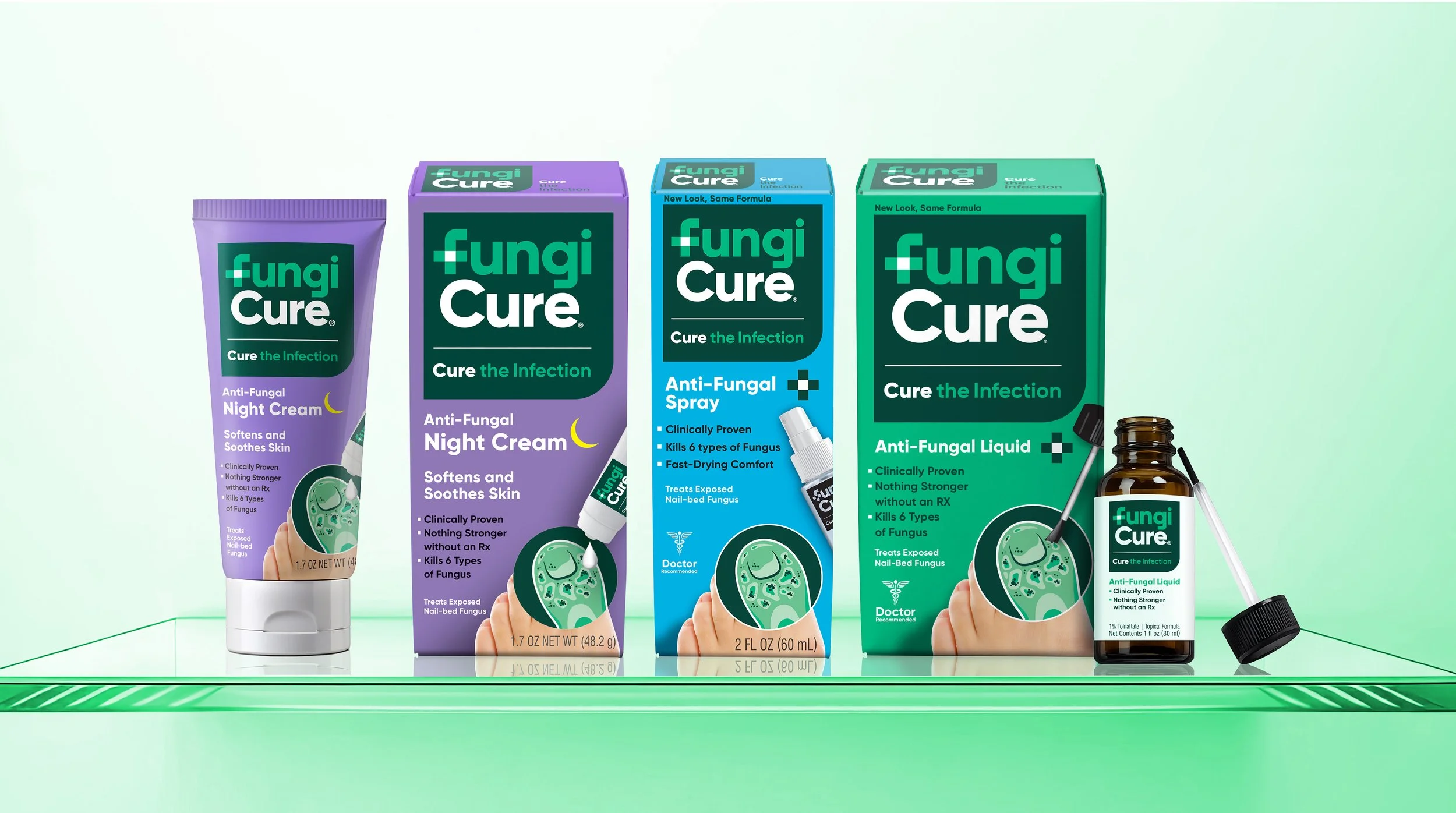 Collection of Fungicure antifungal products, including night cream, anti-fungal spray, anti-fungal liquid, and a small bottle with a dropper, all designed to treat nail-bed fungus.