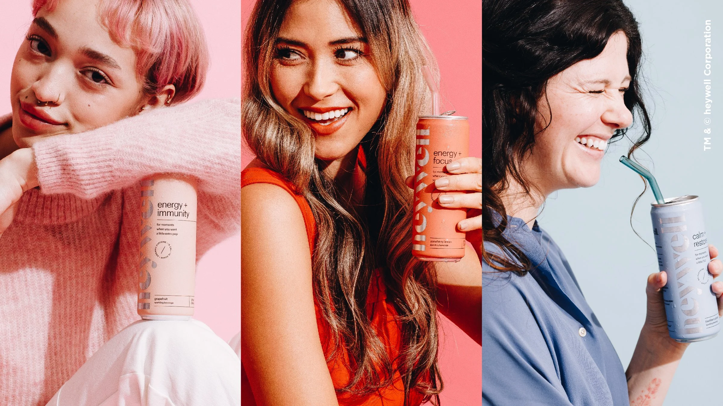 Three women smiling and holding cans of sparkling beverages with different flavors, each set against a different pastel-colored background.