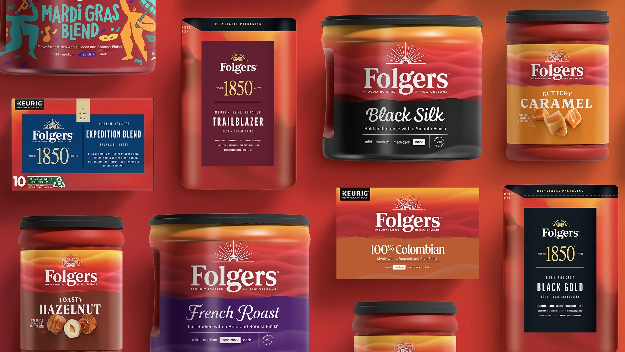 Various Folgers coffee packages designed by Soulsight CPG agency, including French Roast, Black Silk, Toasty Hazelnut, and 1850 blend, arranged on a red background.