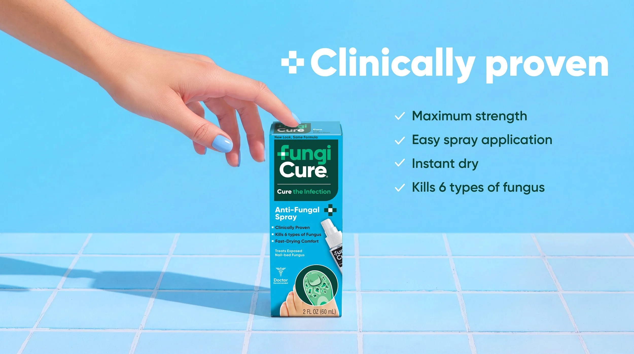 A hand with light blue painted nails holds a box of Fungi Cure anti-fungal spray against a blue background. The image has text highlighting the product's benefits, such as being clinically proven, easy to spray, instant dry, and effective against six types of fungi.