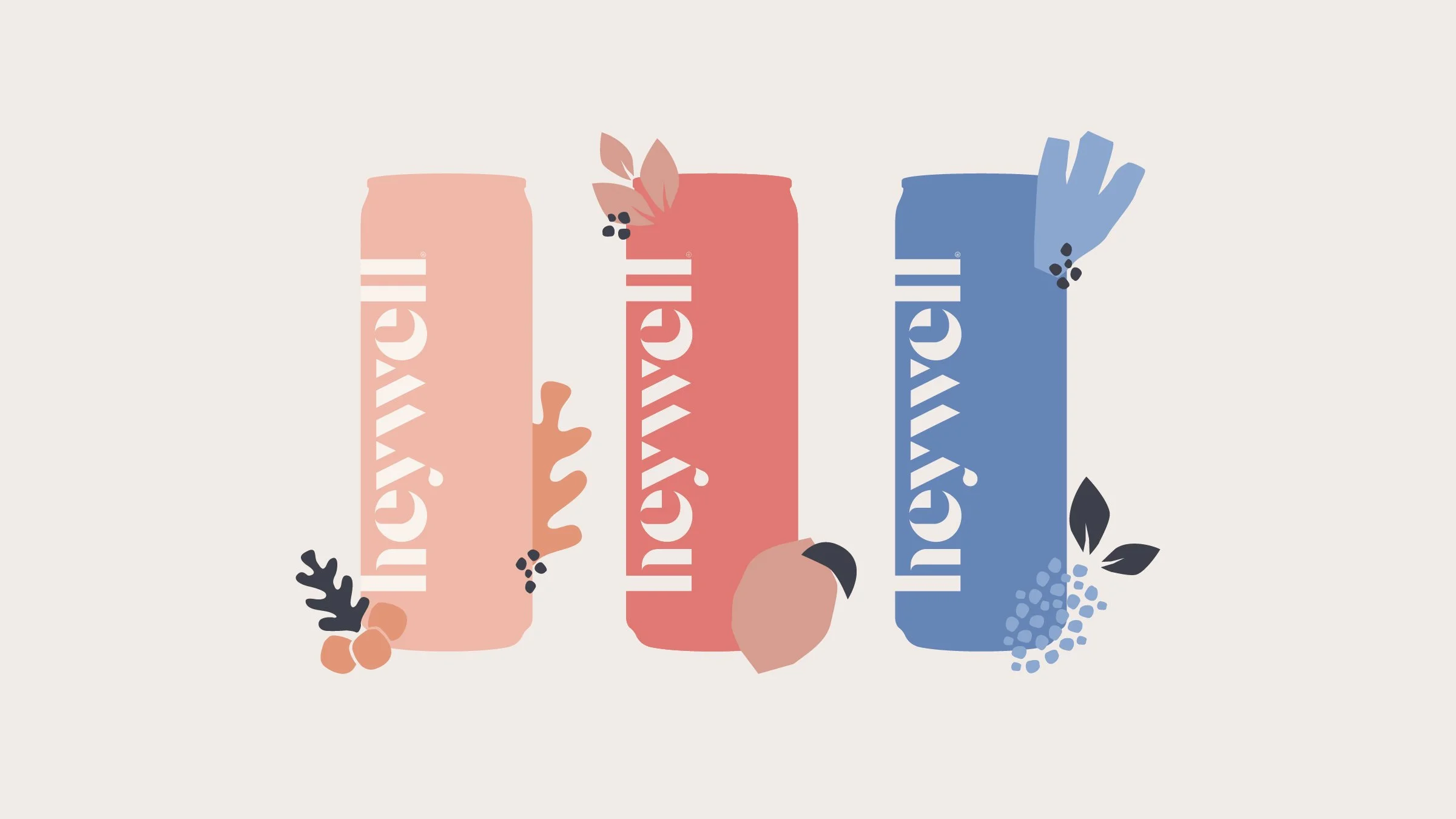 Illustration of three beverage cans with floral and fruit decorations in pastel peach, coral, and blue colors.