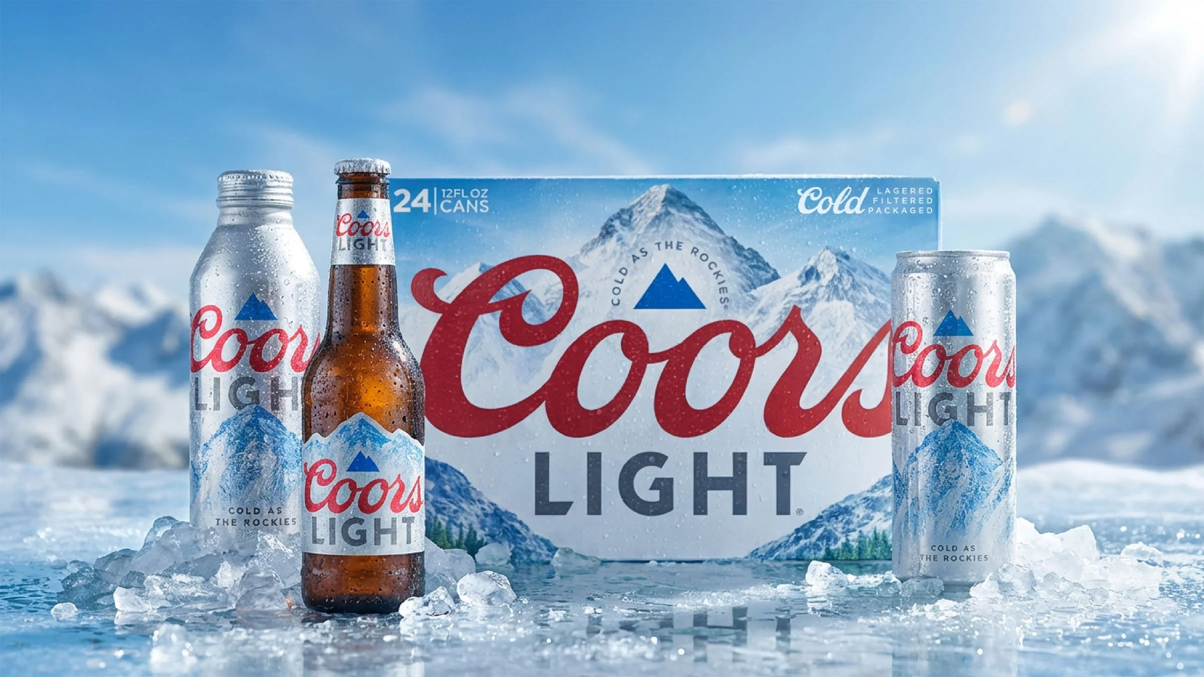 Coors Light beer bottles and a six-pack box set against a snowy mountain landscape, with ice and snow in the foreground.
