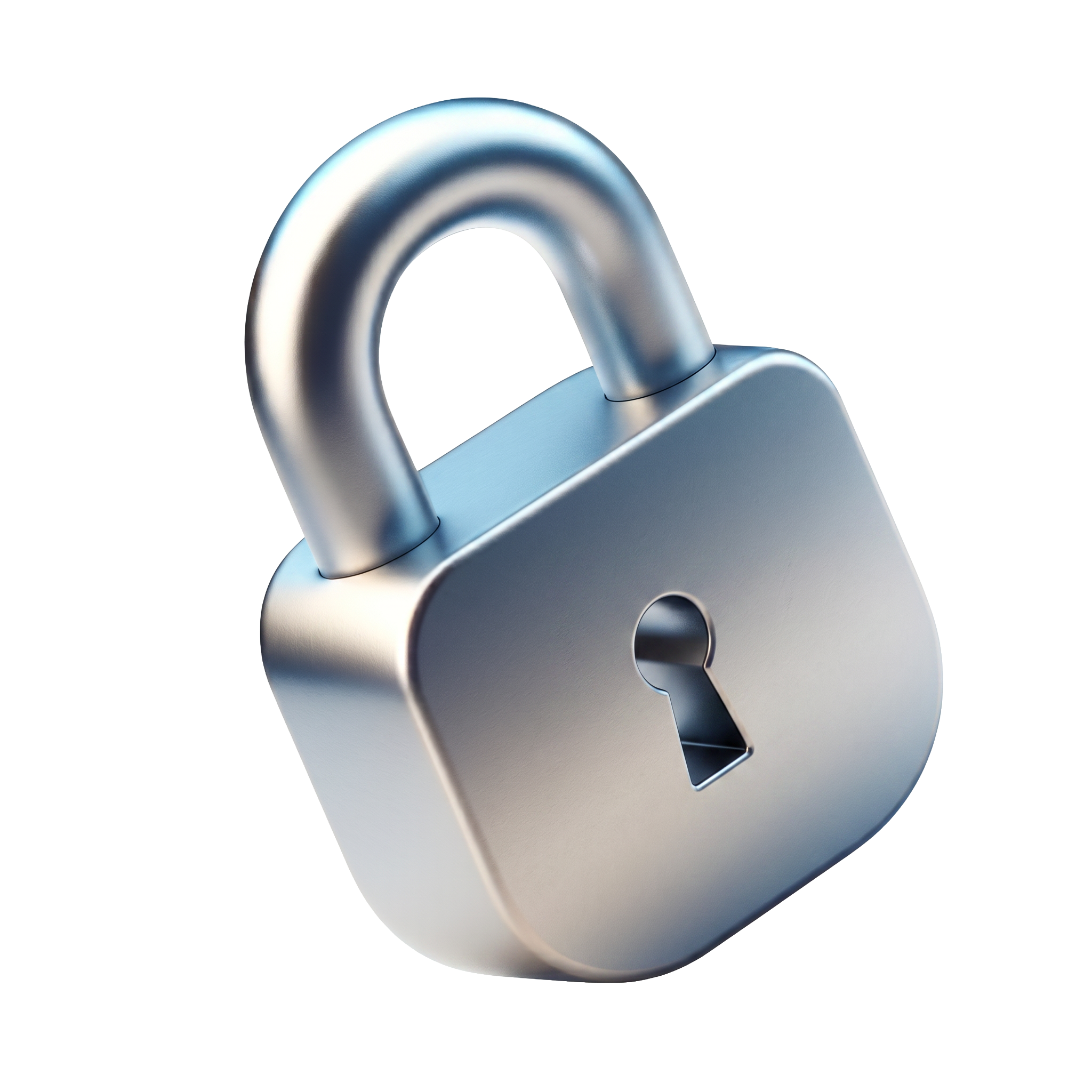 Close-up of a metallic padlock with a shiny, rounded shackle and a rectangular body, set against a white background.
