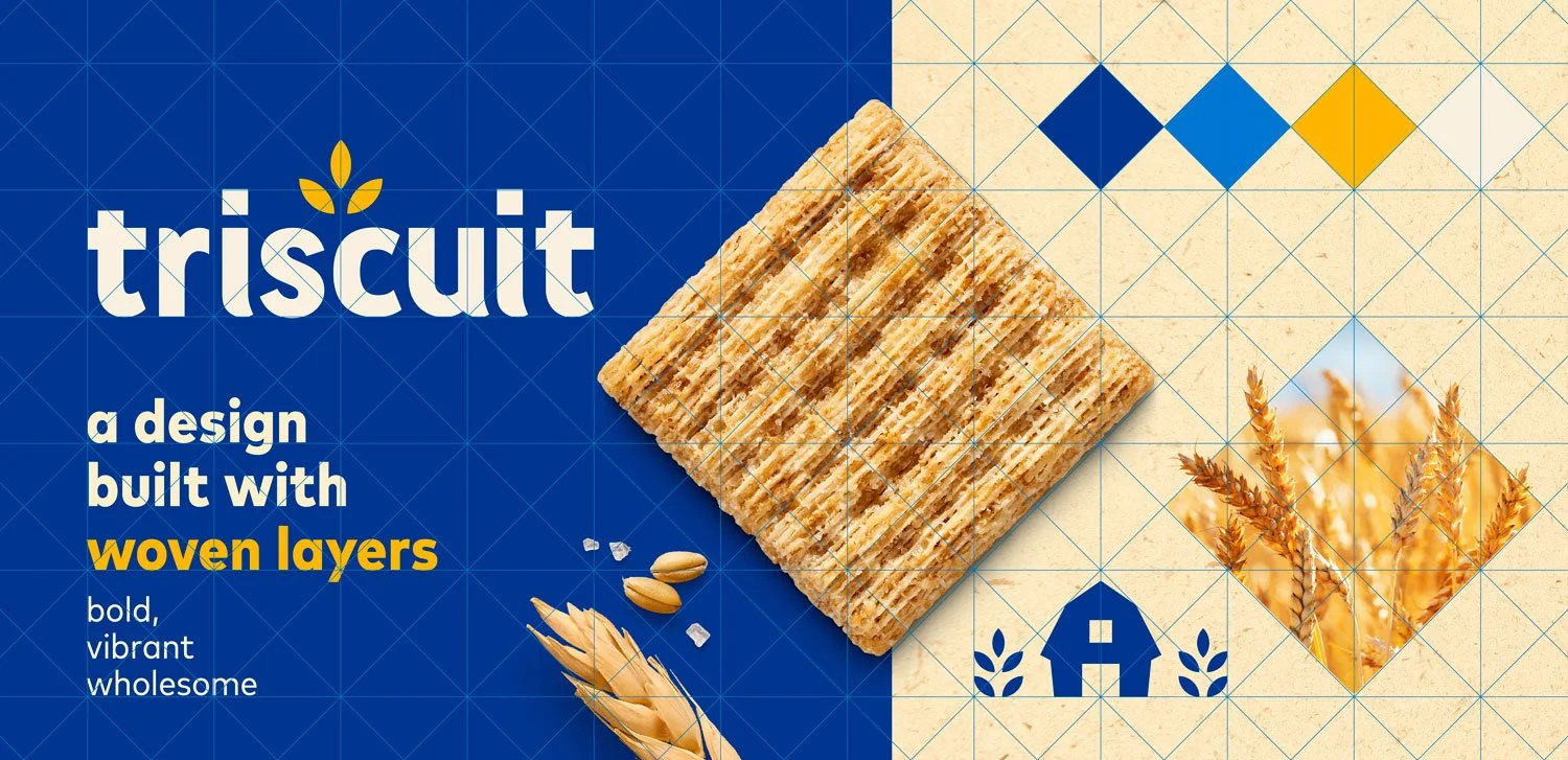 Packaging design for Triscuit crackers featuring a blue and beige color scheme, a large image of a cracker, wheat stalks, and a small house icon with leaf embellishments.