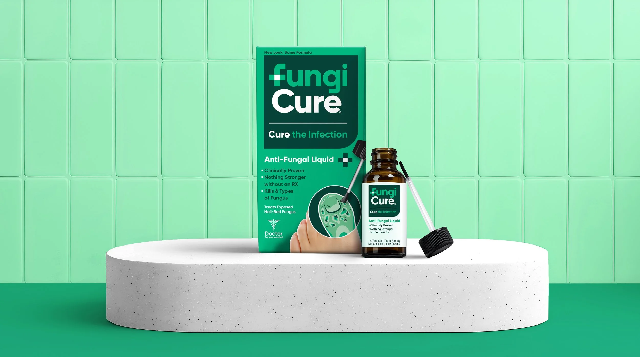 A box and a small bottle of Fungi Cure anti-fungal liquid on a white circular platform against a mint green tiled wall. The box features a cartoon illustration of fungus with a smiley face, and the bottle has a white label with similar branding.