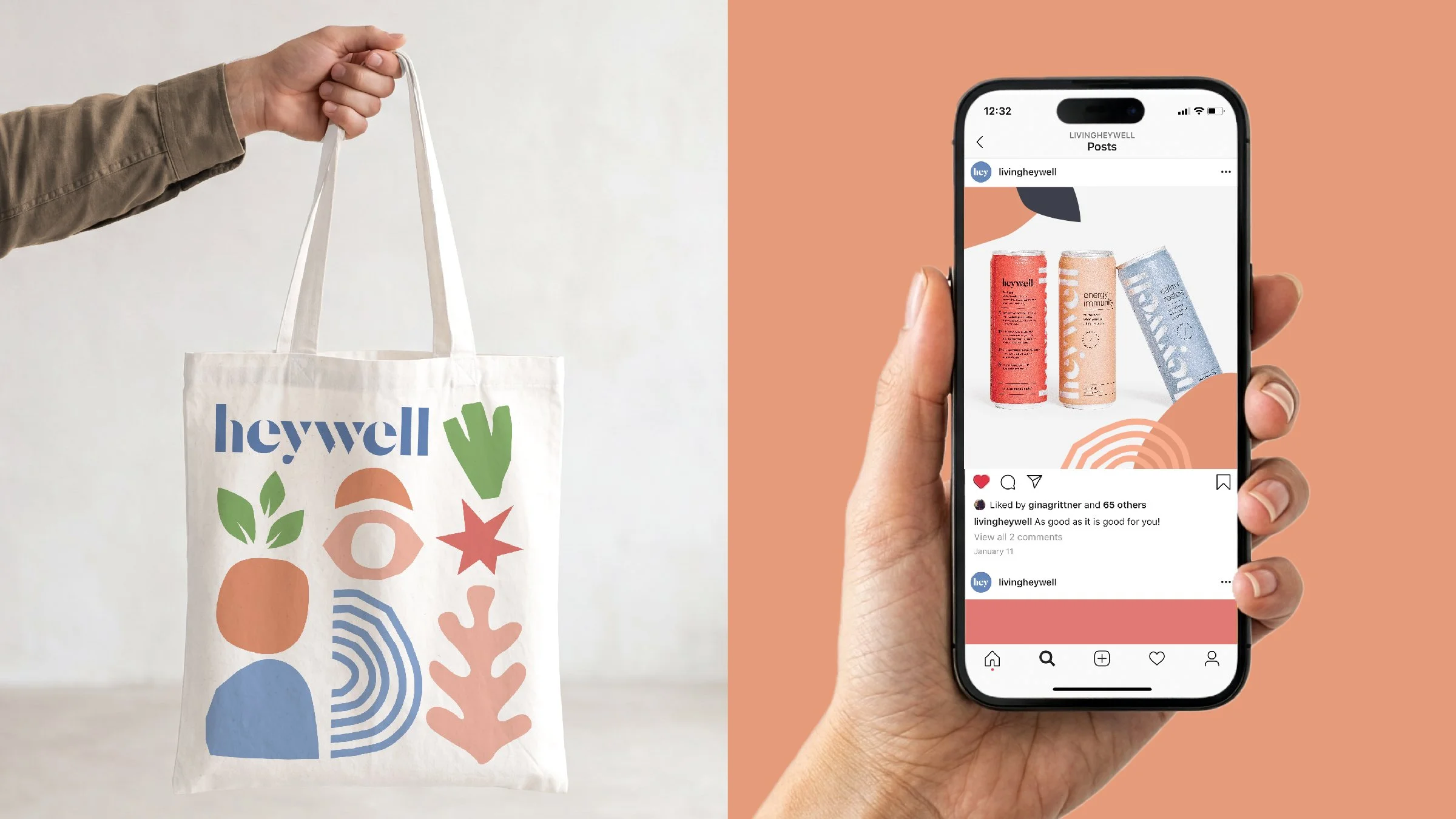 A white tote bag with colorful abstract shapes and the word 'heywell' printed on it, held by a hand, alongside a smartphone displaying an Instagram post of energy drink cans with the 'heywell' branding.