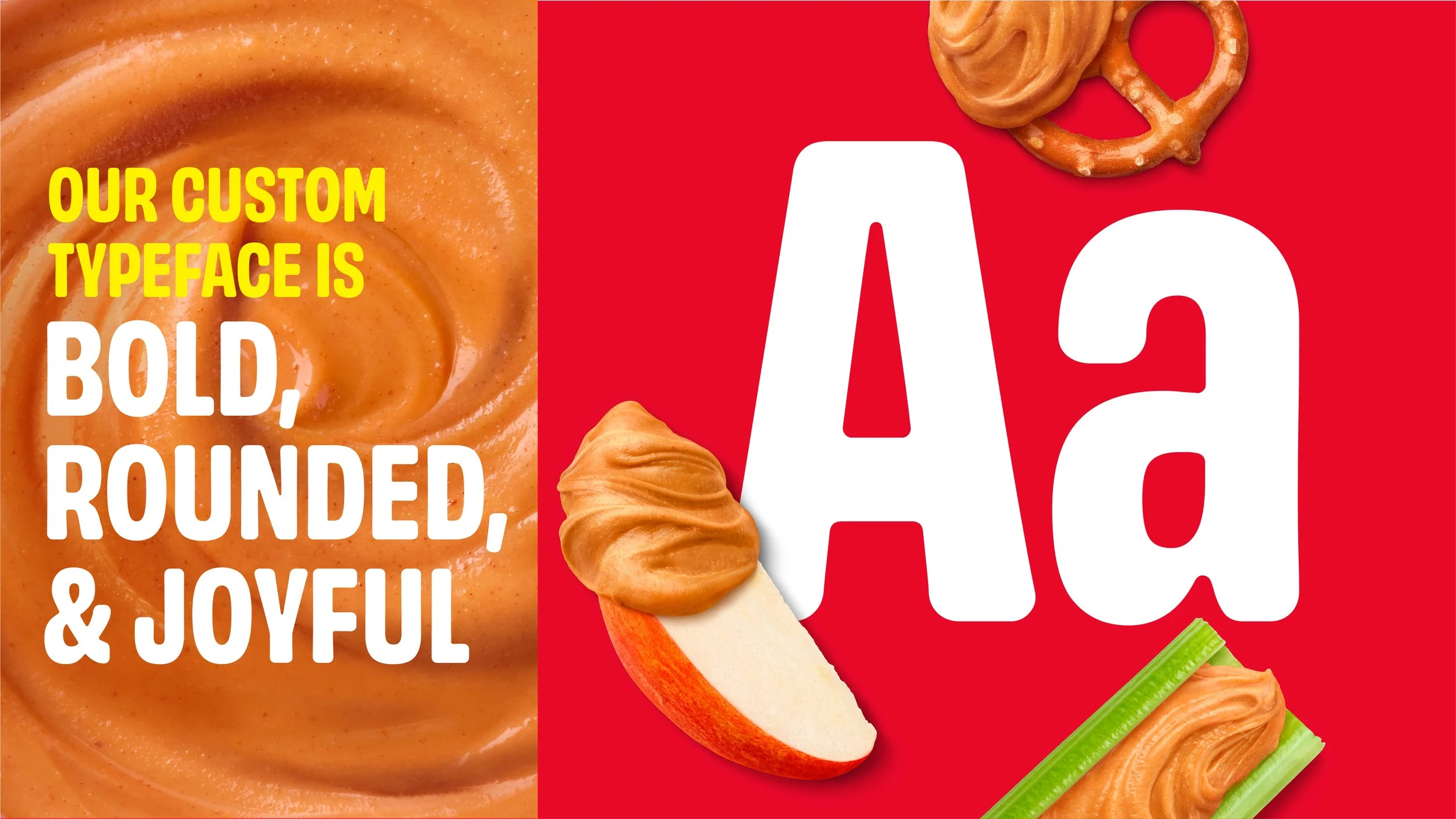 A colorful poster with text about custom typefaces, featuring food items like caramel, pretzels, cheese slices, and celery on a red background.