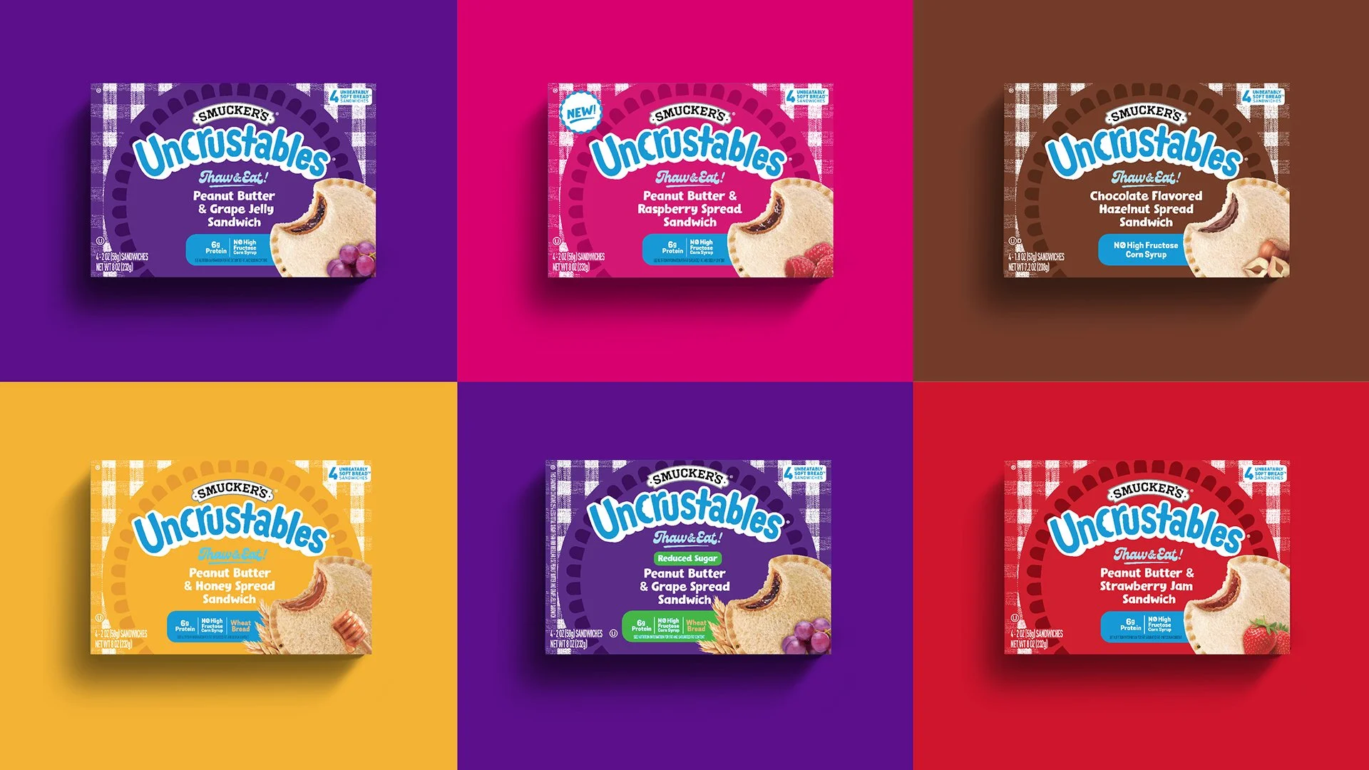 Six snack boxes from Smucker's Uncrustables arranged in a 3x2 grid with colorful background sections. Each box features a different flavor and image of the respective spread.