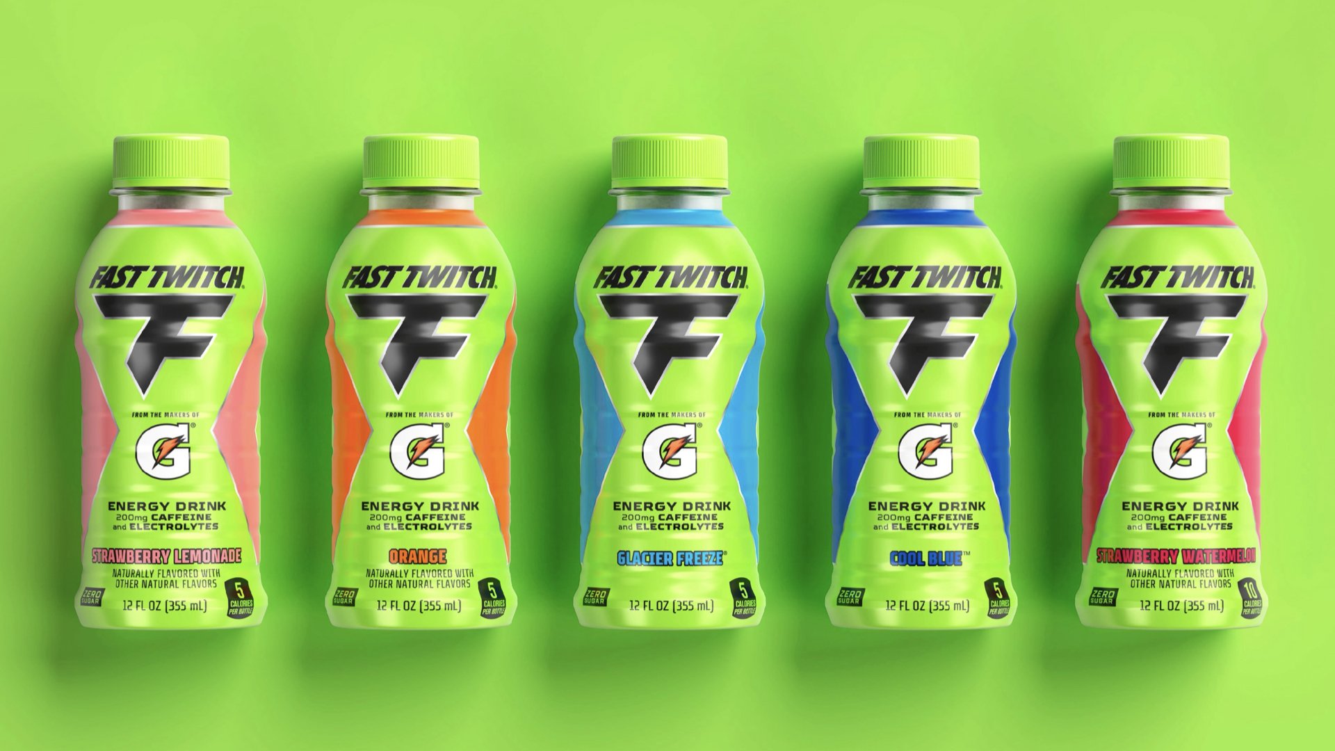 Five bottles of Gatorade energy drinks in a row with bright green background. Flavors are strawberry lemonade, orange, glacier freeze, cool blue, and strawberry watermelon.