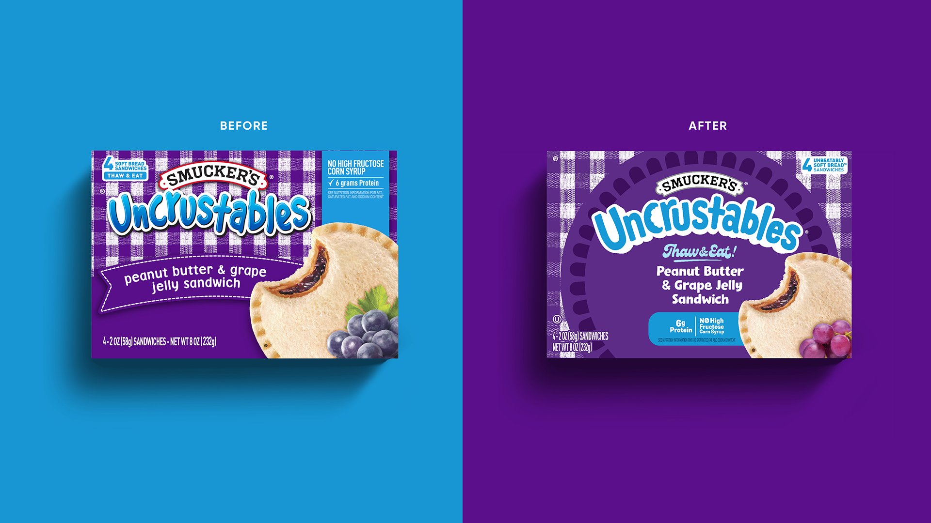 Comparison of two packaging images of Smucker's Uncrustables peanut butter and grape jelly sandwiches, on blue and purple backgrounds respectively. The packaging on the left is labeled 'before' and has a purple checkered design with an image of a sandwich and grapes. The packaging on the right is labeled 'after' and has a purple design with the same sandwich and grapes.