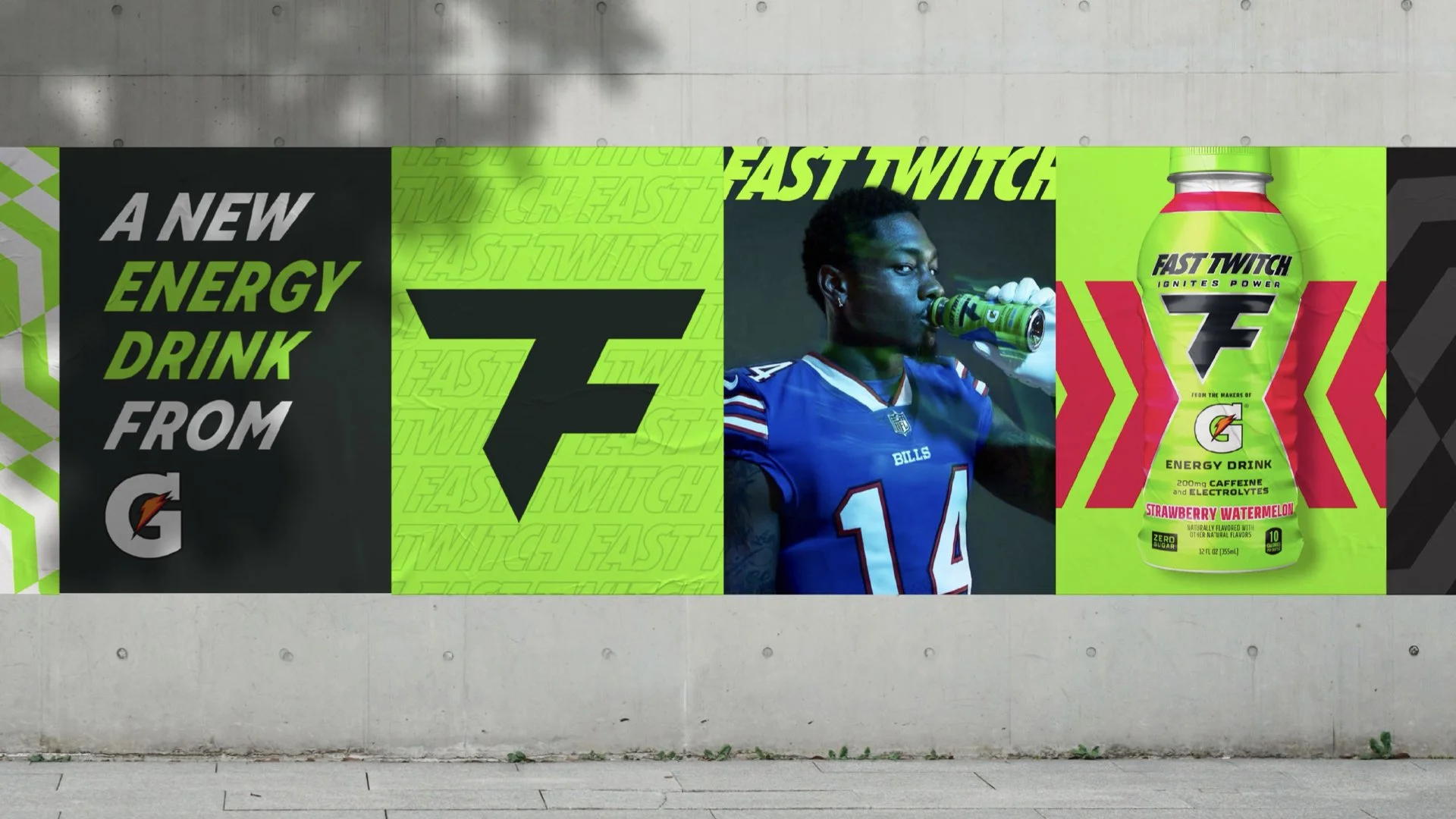 Advertisement for Fast Twitch energy drink featuring a football player drinking the beverage and the product's colorful can.