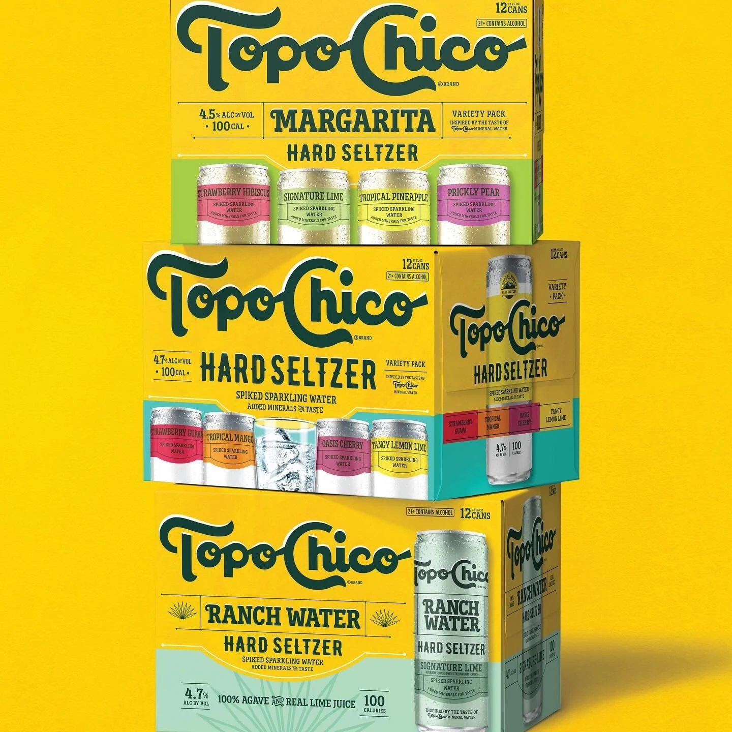 Three boxes of Topo Chico Hard Seltzer in Lemon Lime, Tropical Pineapple, Mango, Cherry, and Ranch Water flavors, stacked on a yellow background.