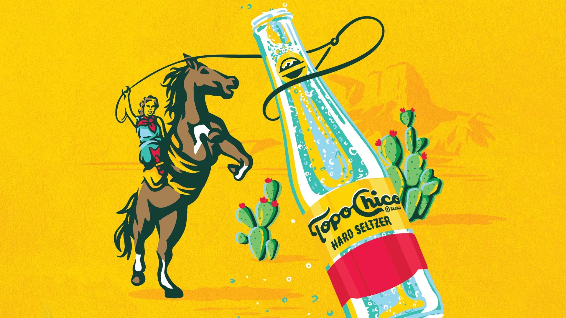 Illustration of a person riding a rearing horse, with a bottle of Topo Chico Hard Seltzer in the foreground, set against a yellow background with cacti.