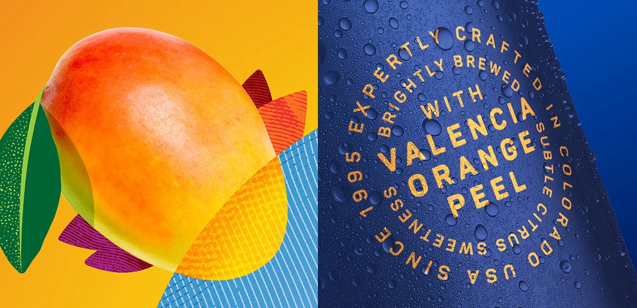 Side-by-side images of fruit and beverage packaging. The left image shows a stylized peach with green leaves on a yellow background. The right image shows a dark blue bottle with water droplets and circular orange text that reads: "Valencia Orange Peel, 19.9% alcohol, brewed in Colorado, bright and lively brewed with Valencia orange peel, sparkling something, USA."