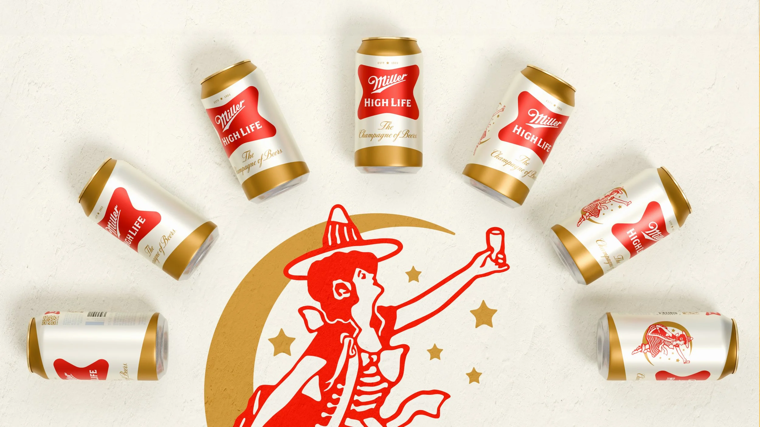 Six cans of Miller High Life beer arranged around a graphic of a woman in a party hat holding a bottle, on a white background.