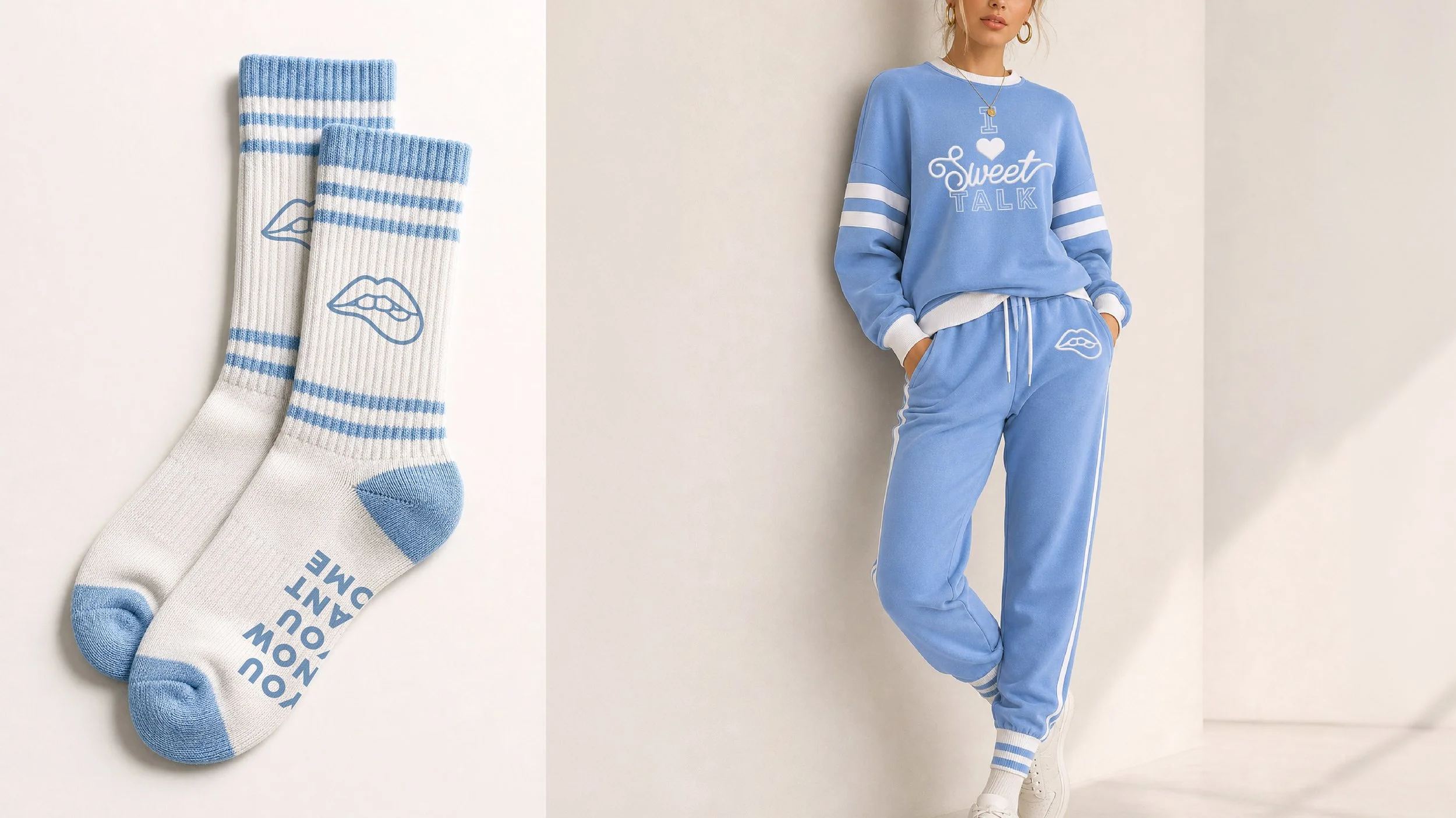 A pair of white and blue striped socks with a lip illustration and the phrase 'You Don't Suck' on the sole. A woman in a light blue sweatshirt and matching sweatpants, with a white shirt underneath, posing against a plain wall.