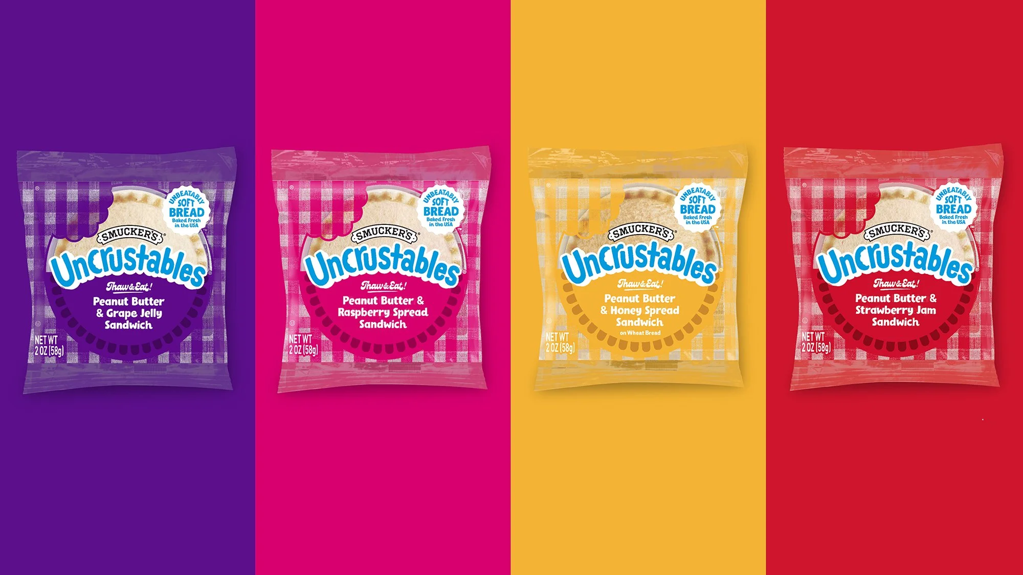Four packages of Smucker's Uncrustables sandwiches in different flavors, each on a brightly colored background: purple, pink, yellow, and red.