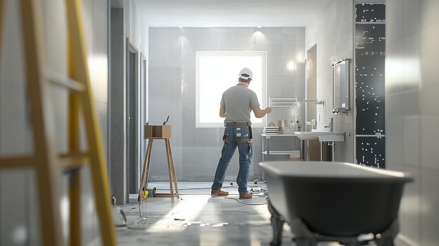 A worker with a white cap, gray t-shirt, and ripped jeans standing in a bathroom under construction, facing a bright window, with tools and construction materials around.
