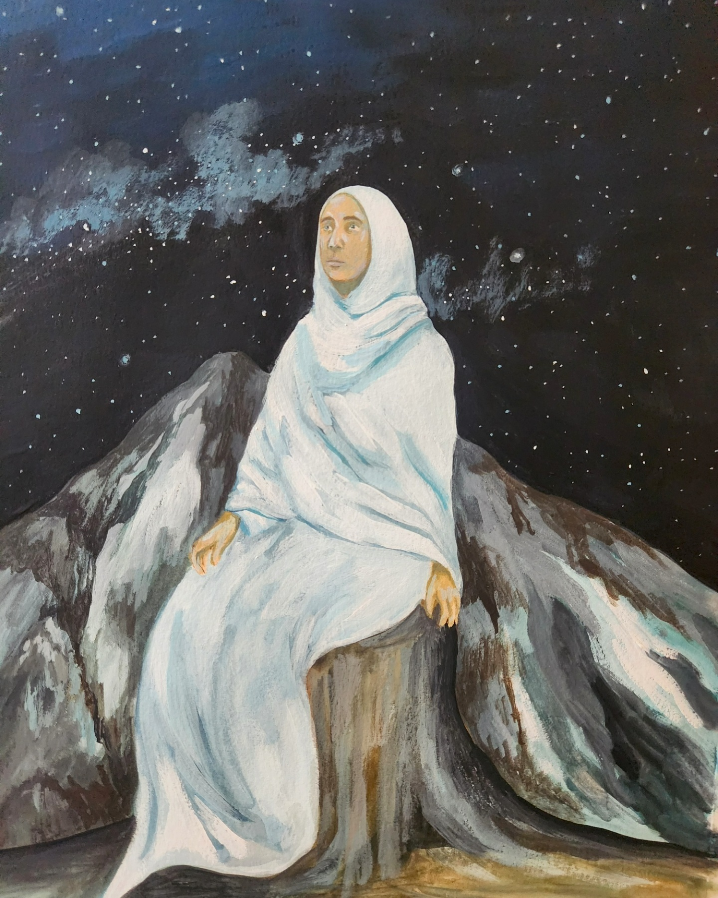 Painting of a woman with light skin and dark eyes wearing a white headscarf and draped white clothing, sitting on rocks against a background of a starry night sky with clouds and the Milky Way galaxy.