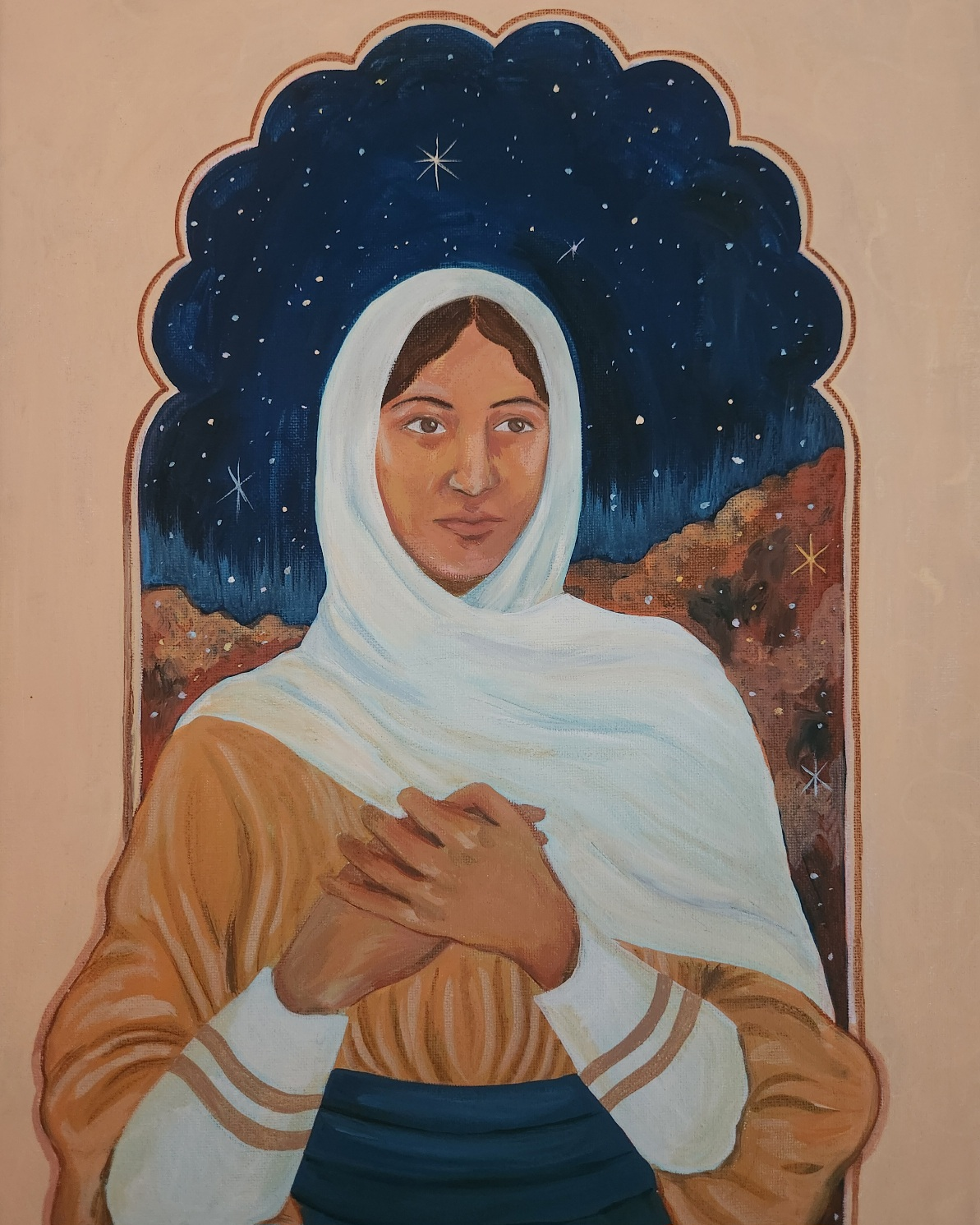 Painting of a woman with brown skin and dark hair, wearing a white headscarf and brown attire, standing in front of a starry night sky with stars and a rocky landscape.